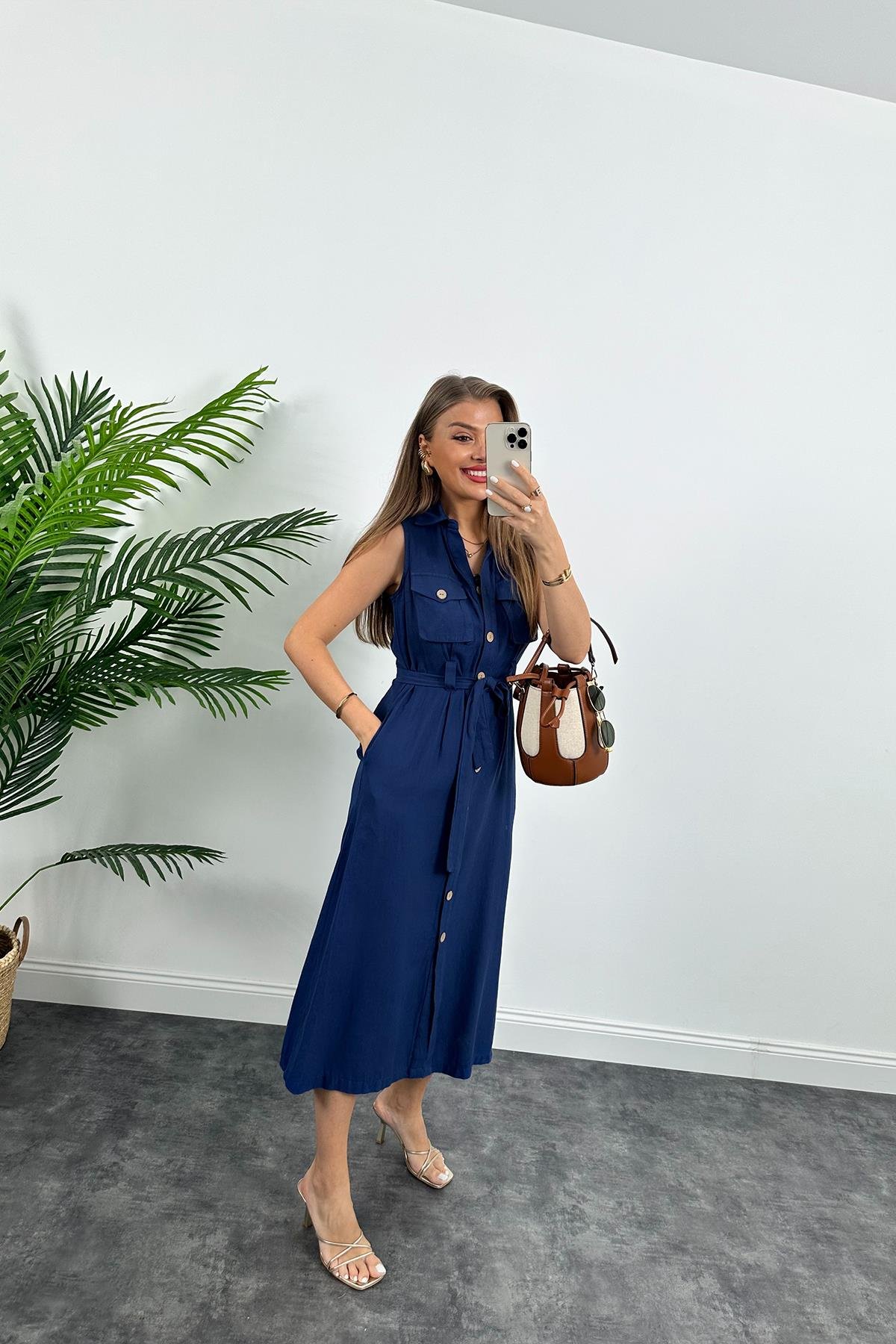 1. Sınıf Kalite %100 Pamuklu Keten Ahşap Düğmeli Midi boy Kuşaklı Elbise Lacivert
