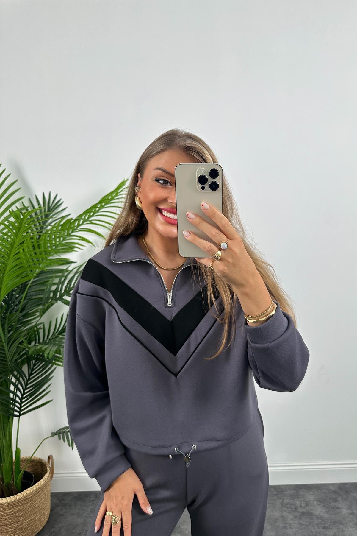 1. Sınıf Kalite Oysh Model Modal Kumaş Şeritli Eşofman Takımı Antrasit
