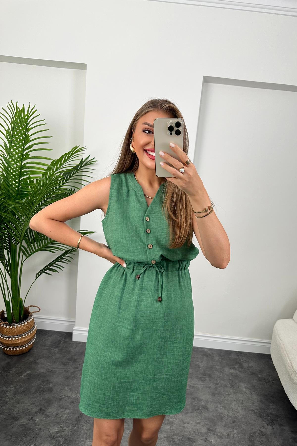 1. Sınıf Kalite Beli Lastikli Sıfır Kol Keten Elbise Yeşil