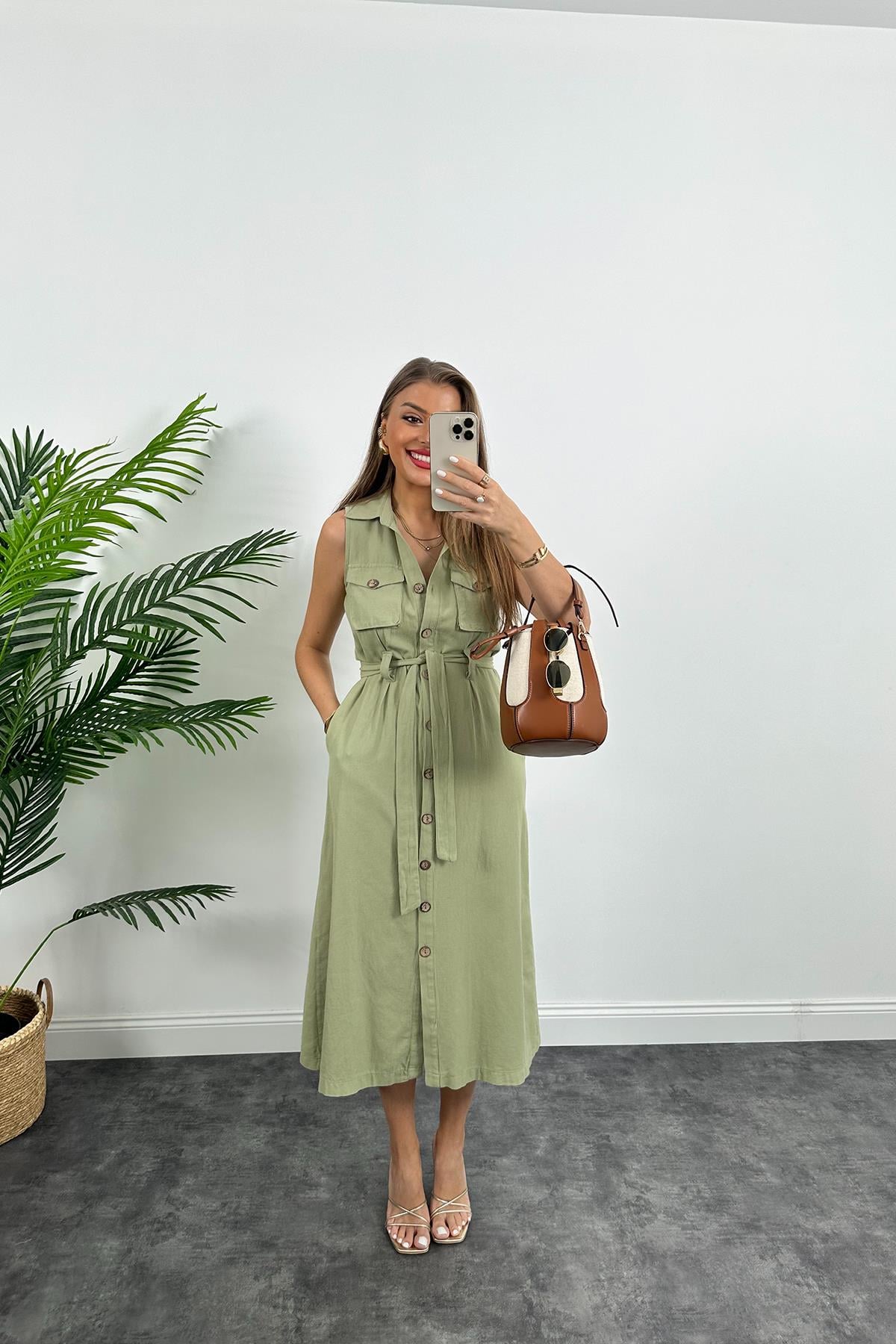 1. Sınıf Kalite Tok Keten Ahşap Düğmeli Midi Boy Elbise Haki