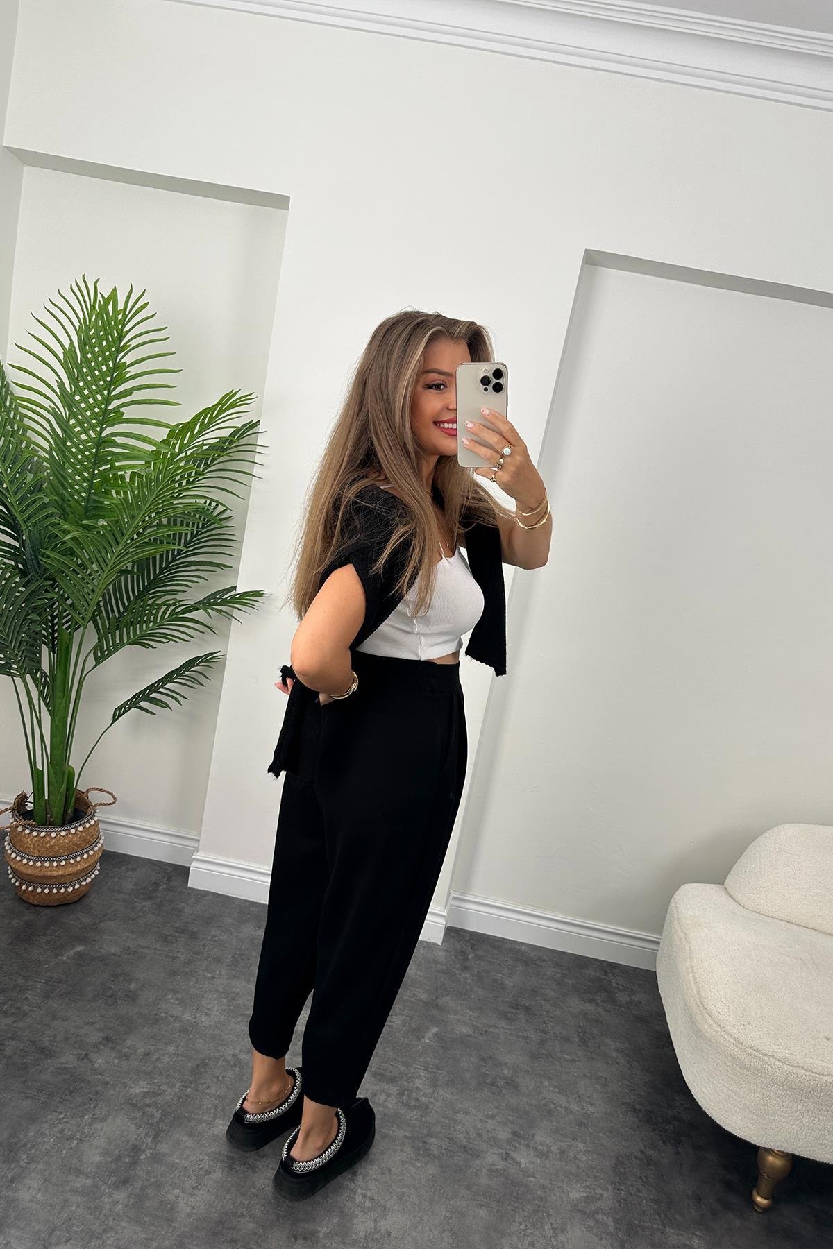 1. Sınıf Kalite Oysh Kumaş Beli Lastikli Harem Pantolon Siyah 