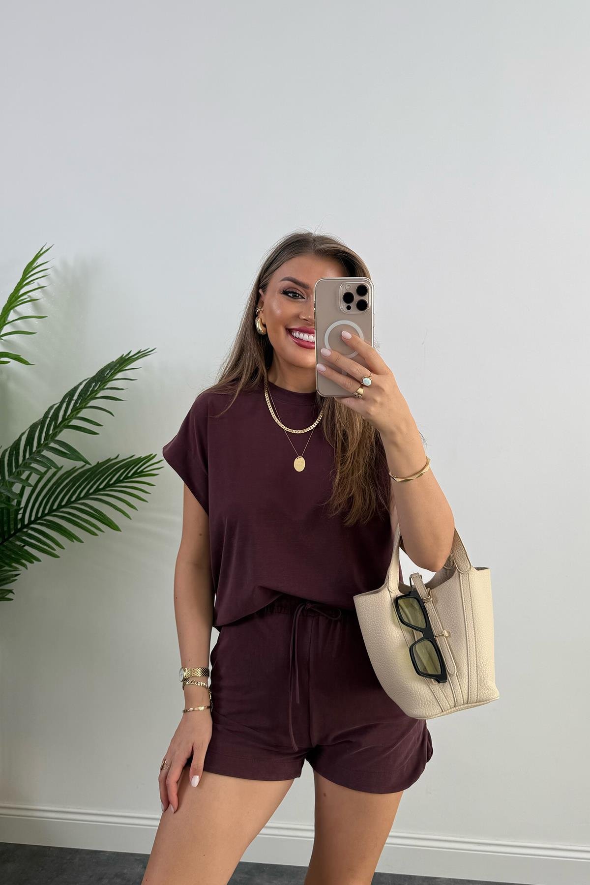 1. Sınıf Kalite İthal Pike Modal Kumaş Kısa Kollu Şort Takım Mürdüm