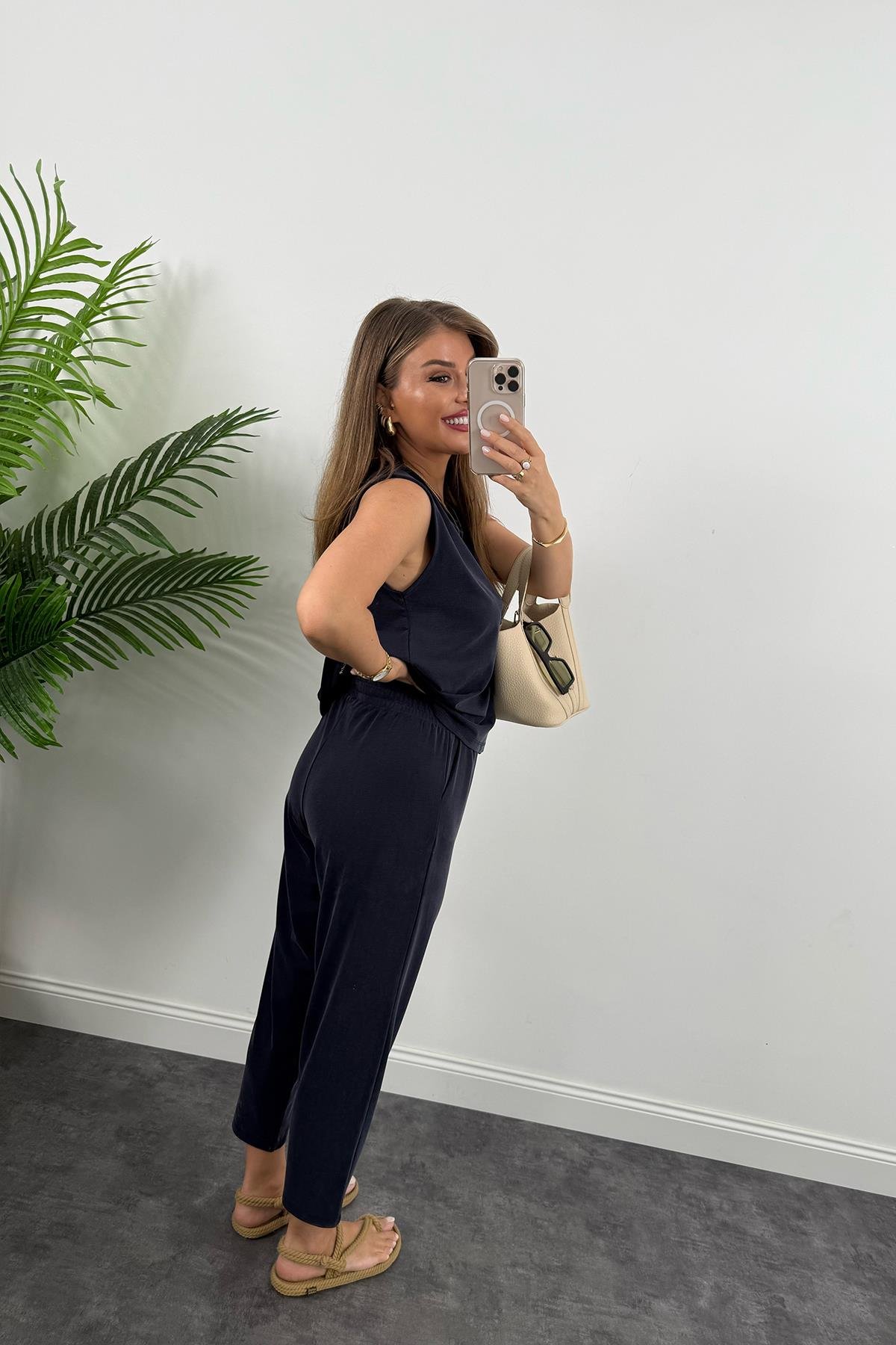 1. Sınıf Kalite Pike Modal Kumaş Pantolon Bluz Likralı Takım Lacivert