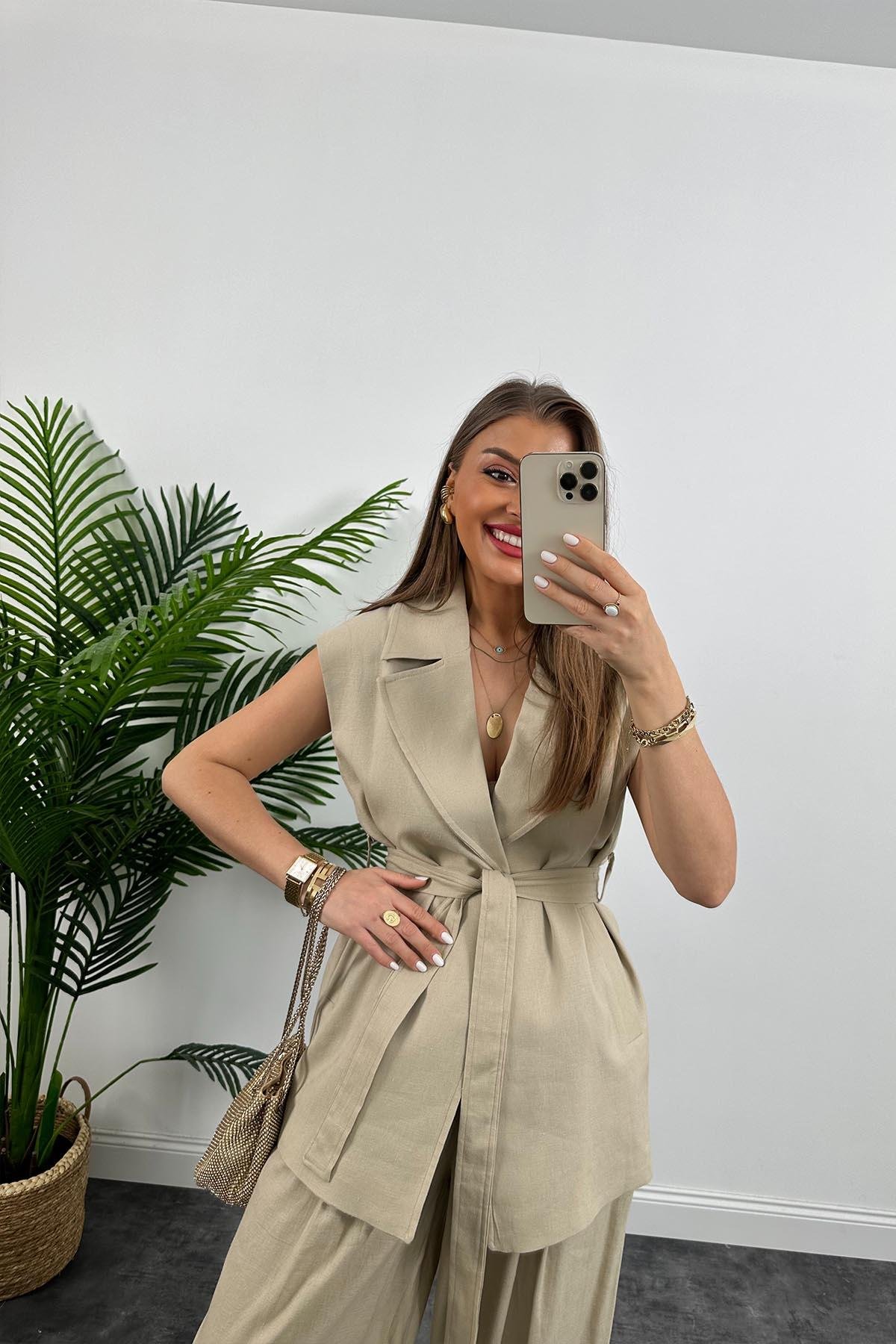 1. Sınıf Kalite Keten Kumaş Yelek Palazzo Pantolon Takım Taş