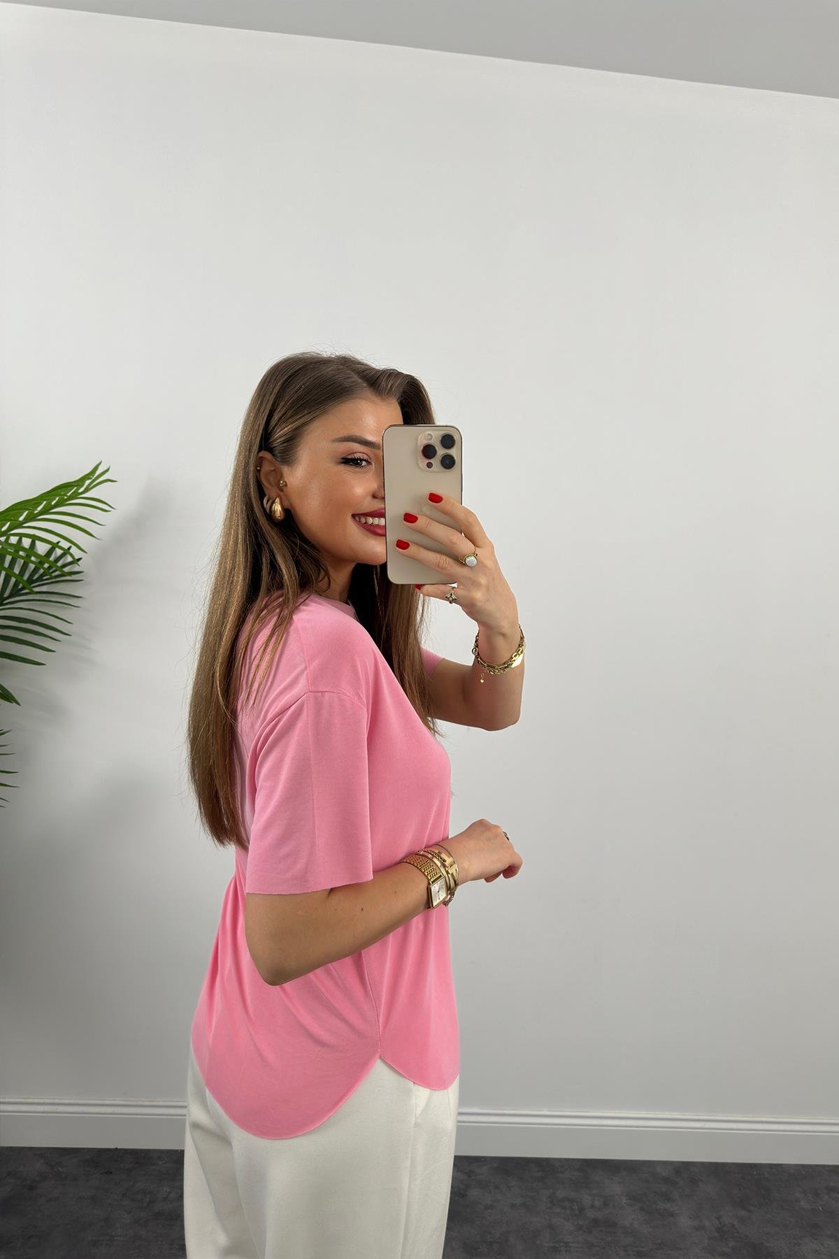 1. Sınıf Kalite Modal Kumaş Oysh Basic Tshirt Pembe