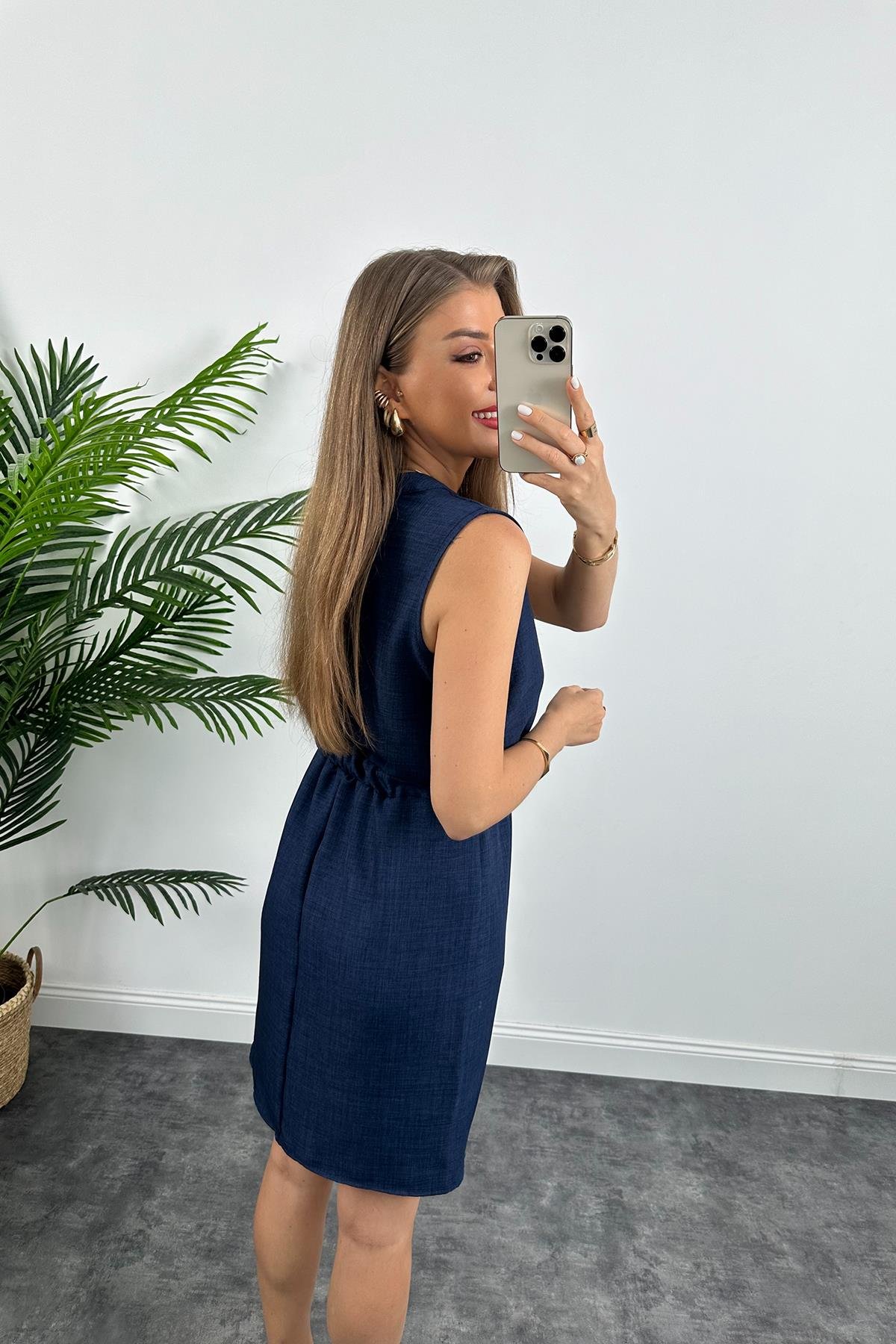 1. Sınıf Kalite Beli Lastikli Sıfır Kol Keten Elbise Lacivert