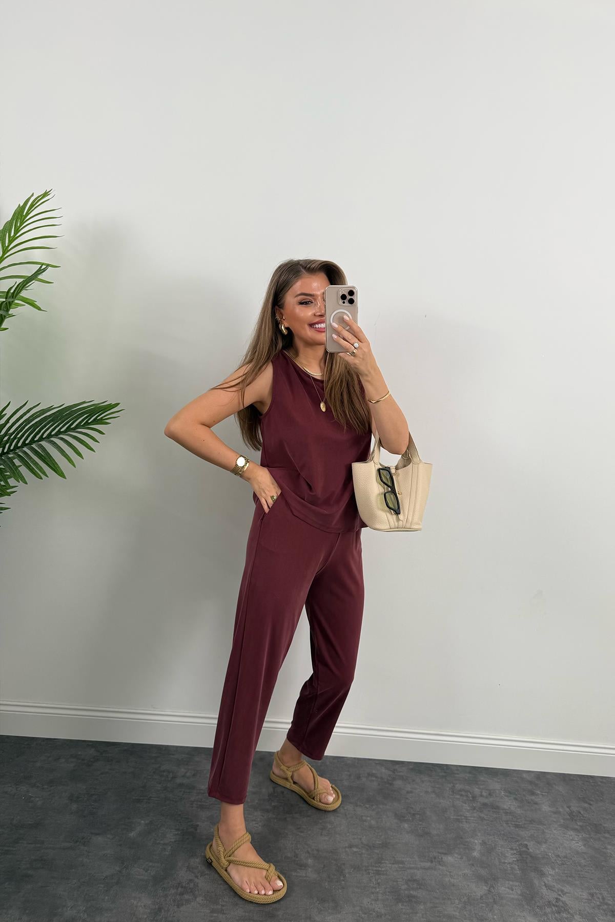 1. Sınıf Kalite Pike Modal Kumaş Pantolon Bluz Likralı Takım Vişne