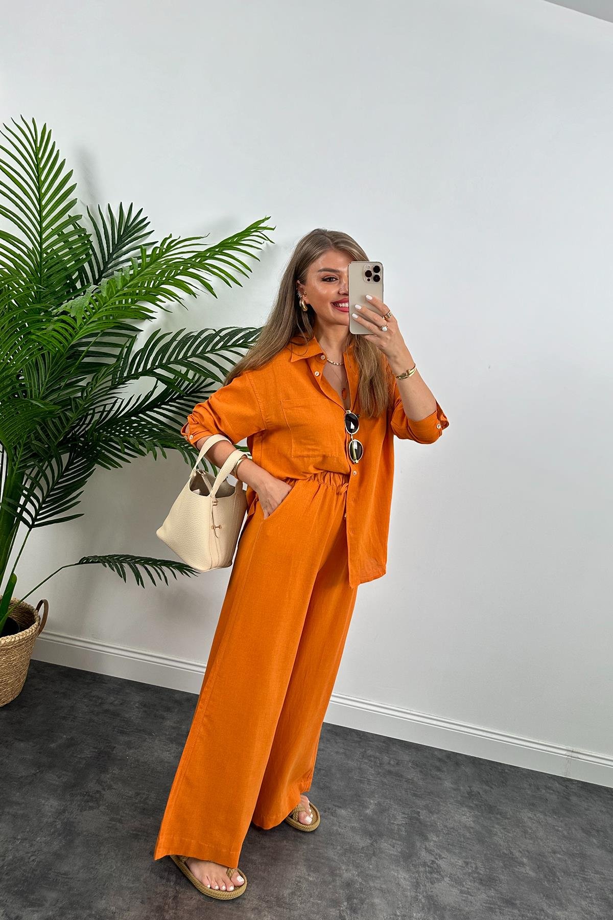 1. Sınıf Kalite Oysh Model %100 Keten Palazzo Gömlek Takım Turuncu