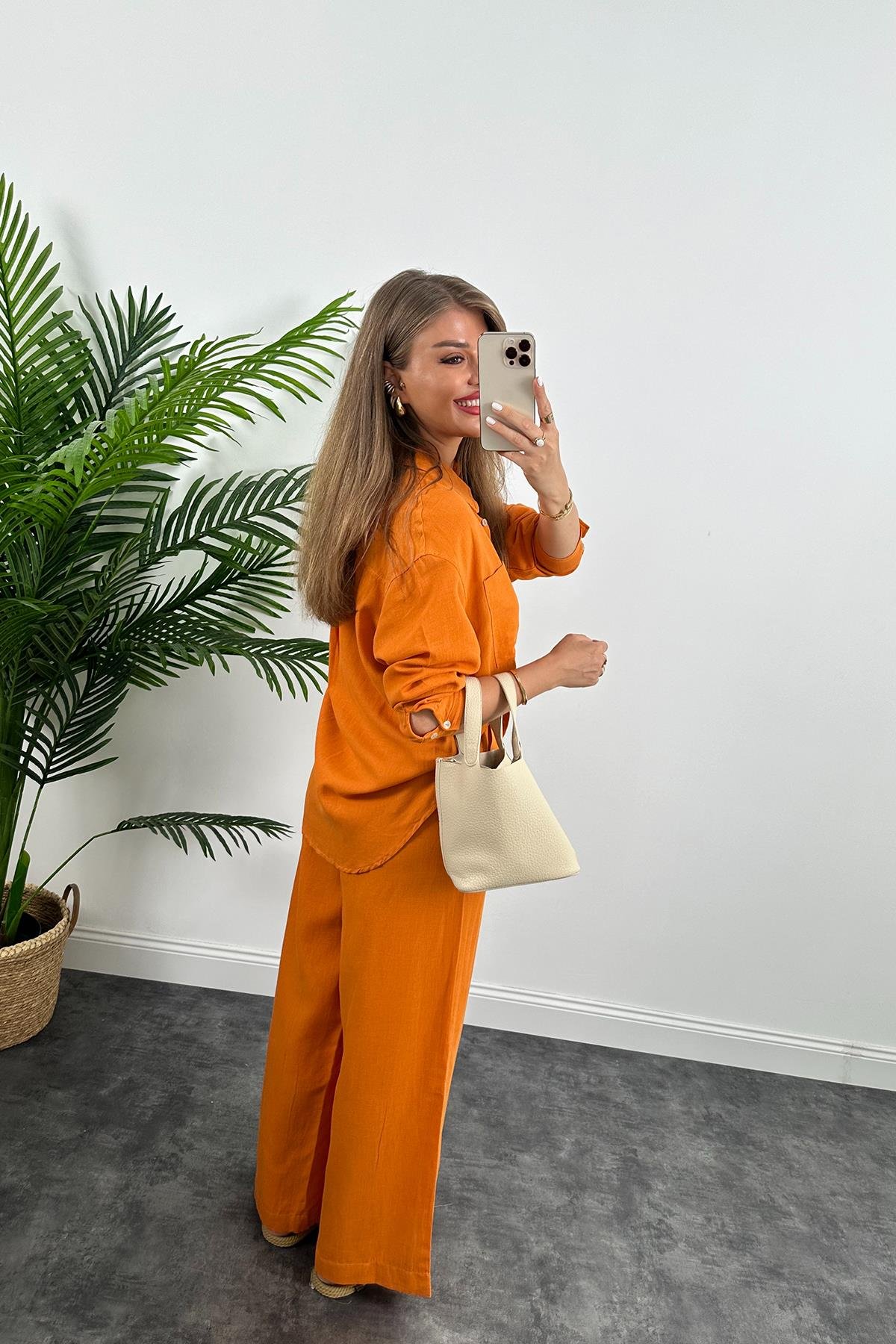 1. Sınıf Kalite Oysh Model %100 Keten Palazzo Gömlek Takım Turuncu