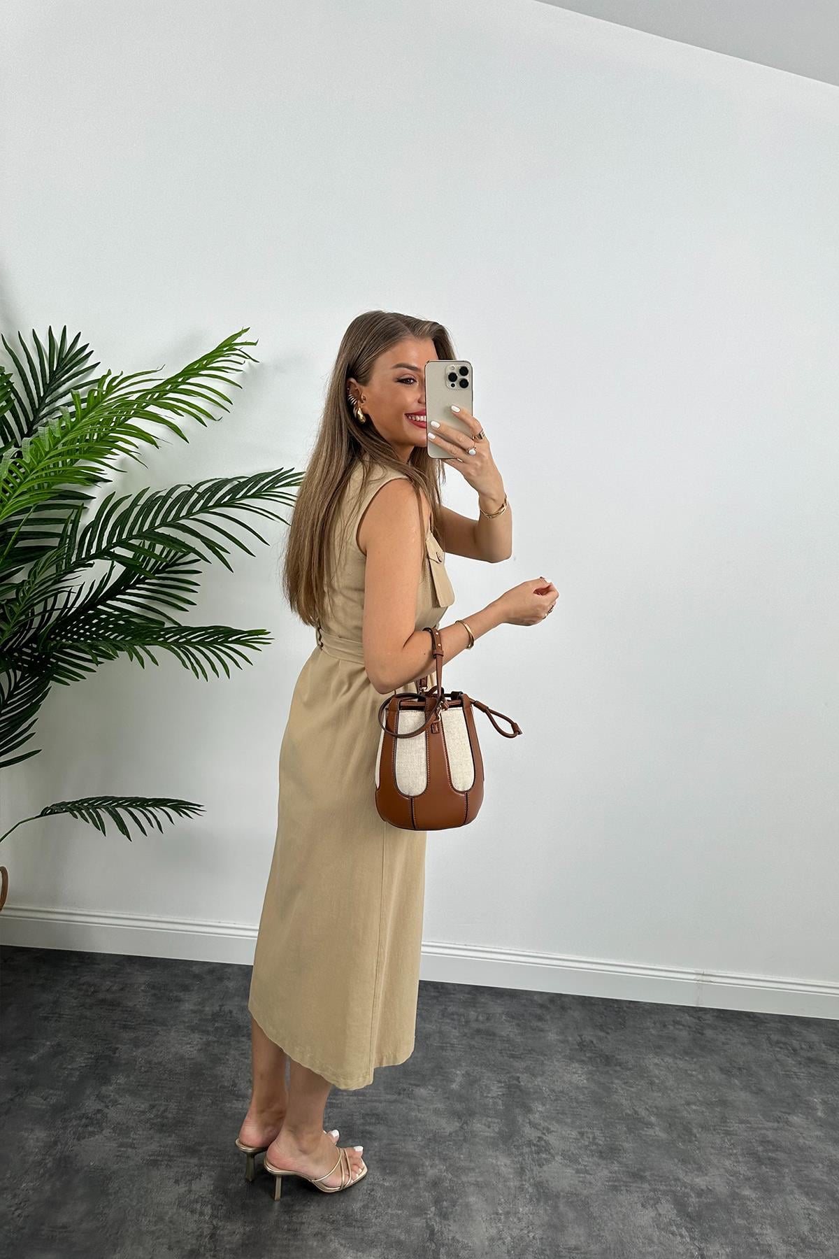 1. Sınıf Kalite Tok Keten Ahşap Düğmeli Midi Boy Elbise Bej