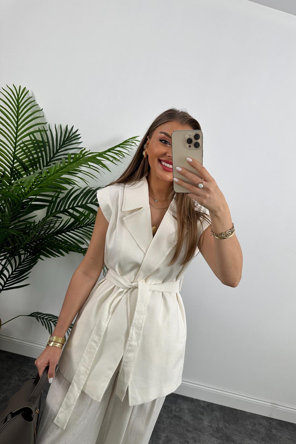 1. Sınıf Kalite Keten Kumaş Yelek Palazzo Pantolon Takım Ekru