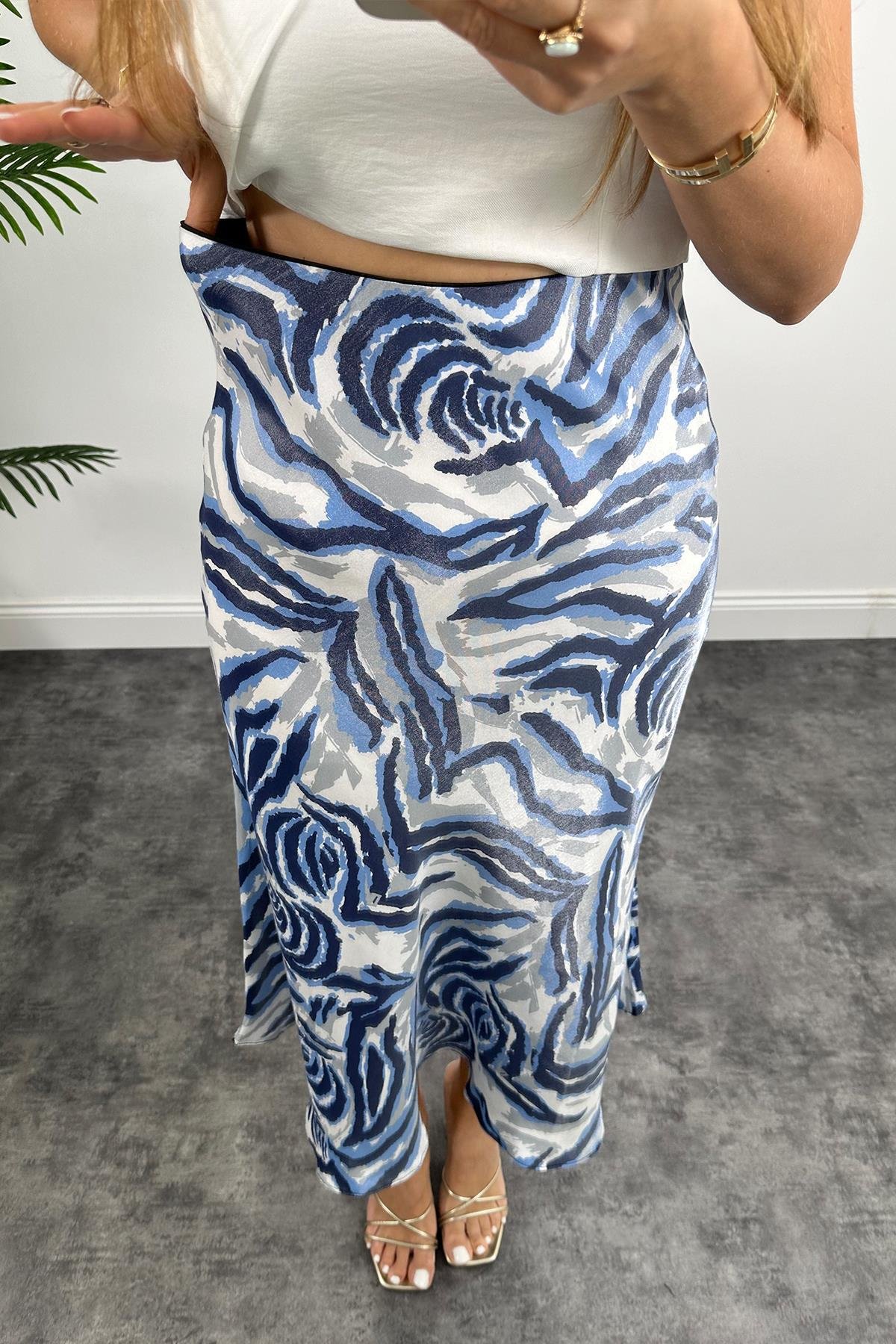 1. Sınıf Kalite Dışı Saten İçi Viskos Özel Dokulu Midi Boy Etek Mavi Beyaz Desenli