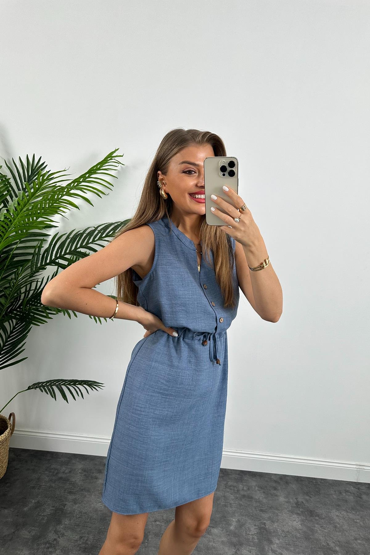 1. Sınıf Kalite Beli Lastikli Sıfır Kol Keten Elbise İndigo