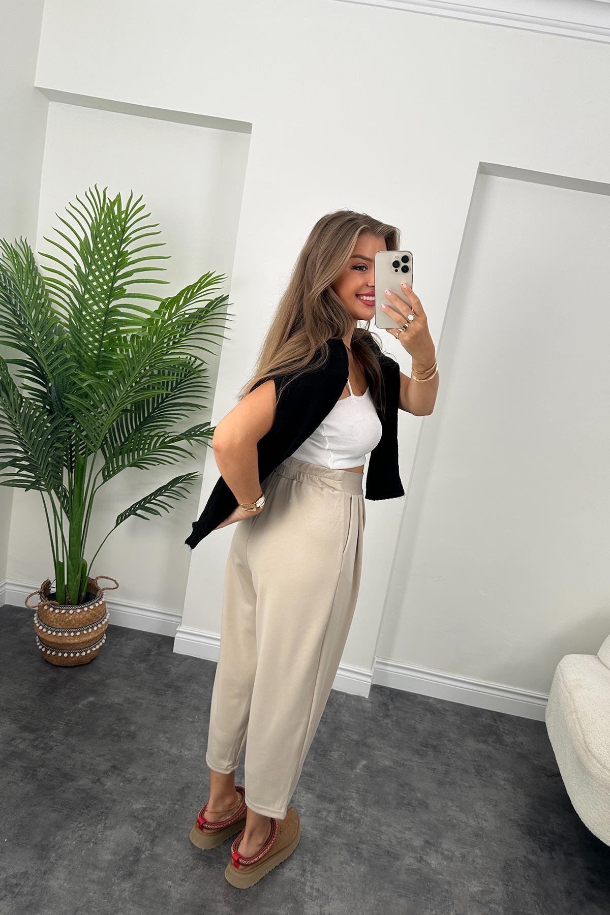 1. Sınıf Kalite Oysh Kumaş Beli Lastikli Harem Pantolon Taş 