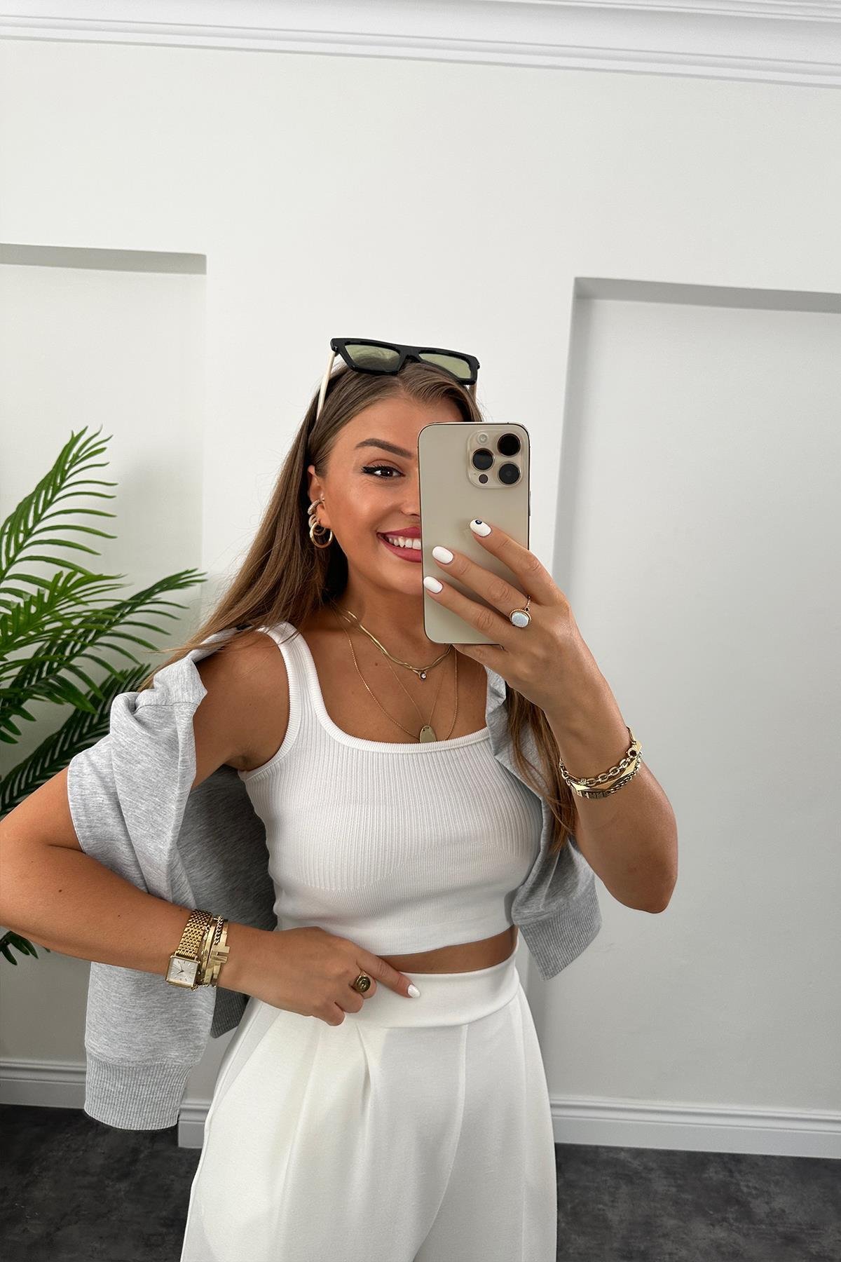 1. Sınıf Kalite Oysho Kumaş Beli Lastikli Harem Pantolon Ekru