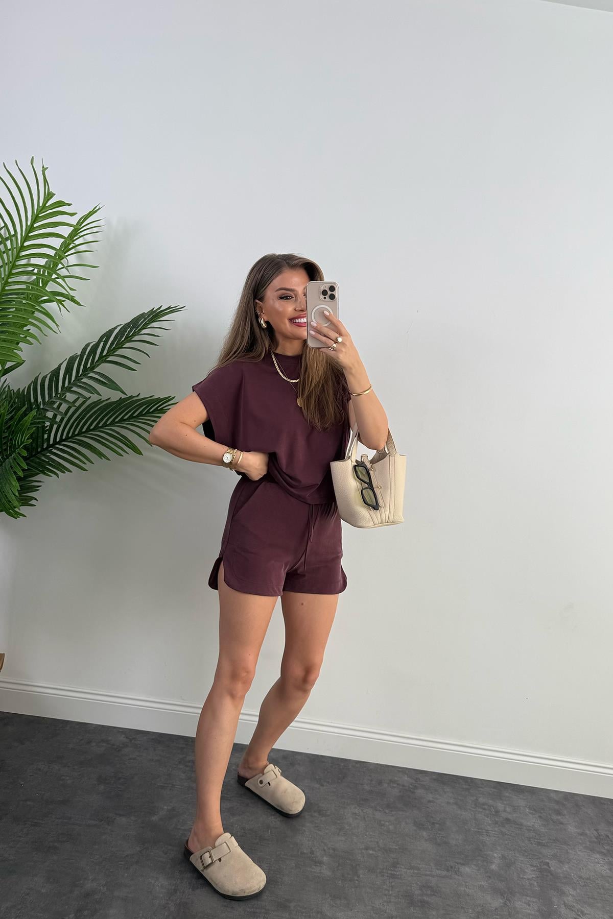 1. Sınıf Kalite İthal Pike Modal Kumaş Kısa Kollu Şort Takım Mürdüm