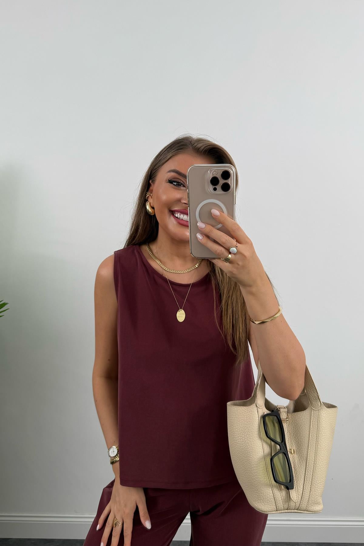 1. Sınıf Kalite Pike Modal Kumaş Pantolon Bluz Likralı Takım Vişne