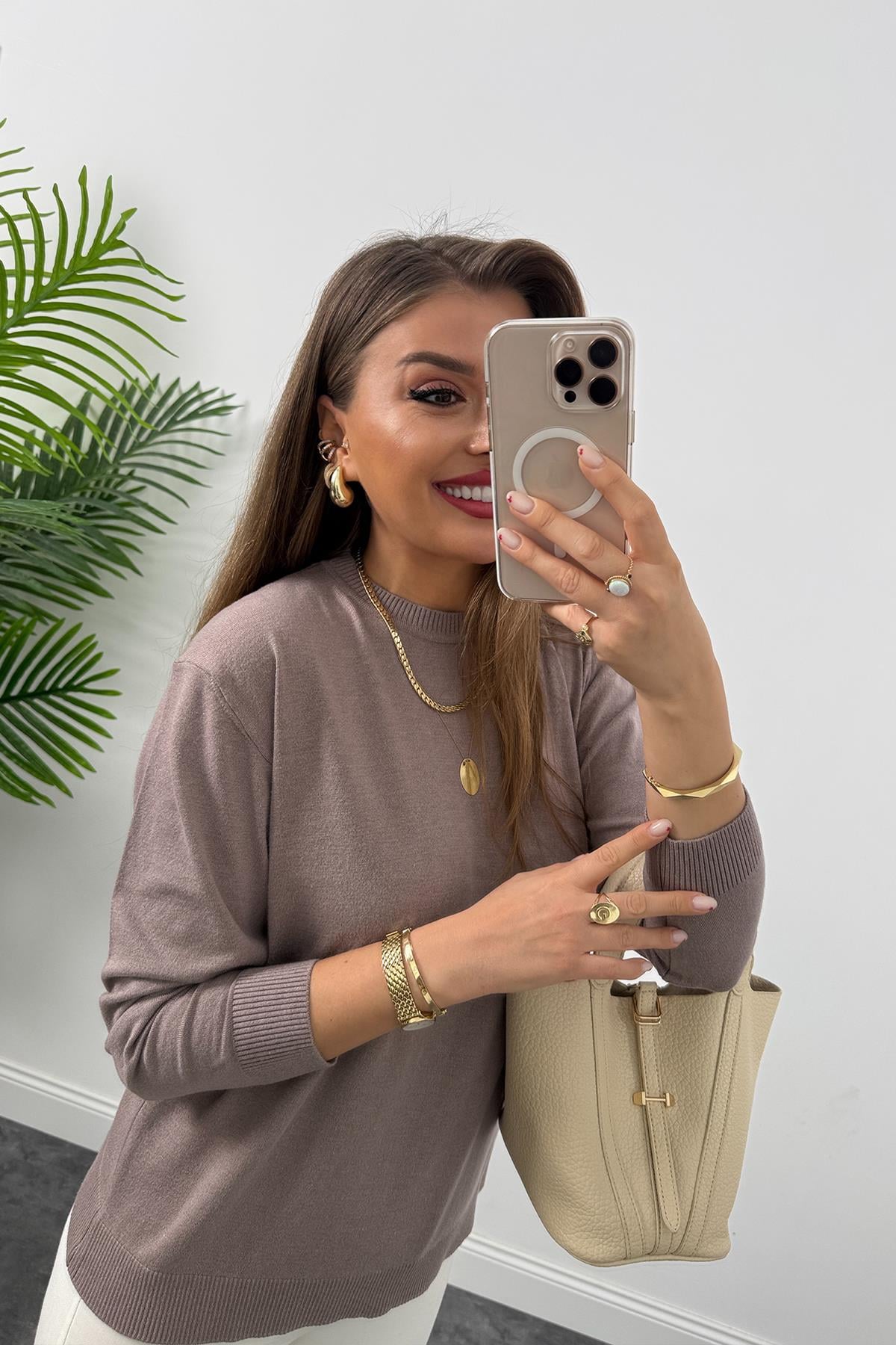 1. Sınıf Kalite Kaşmir Dokulu Massi Model Tam Pamuklu İnce Triko Vizon