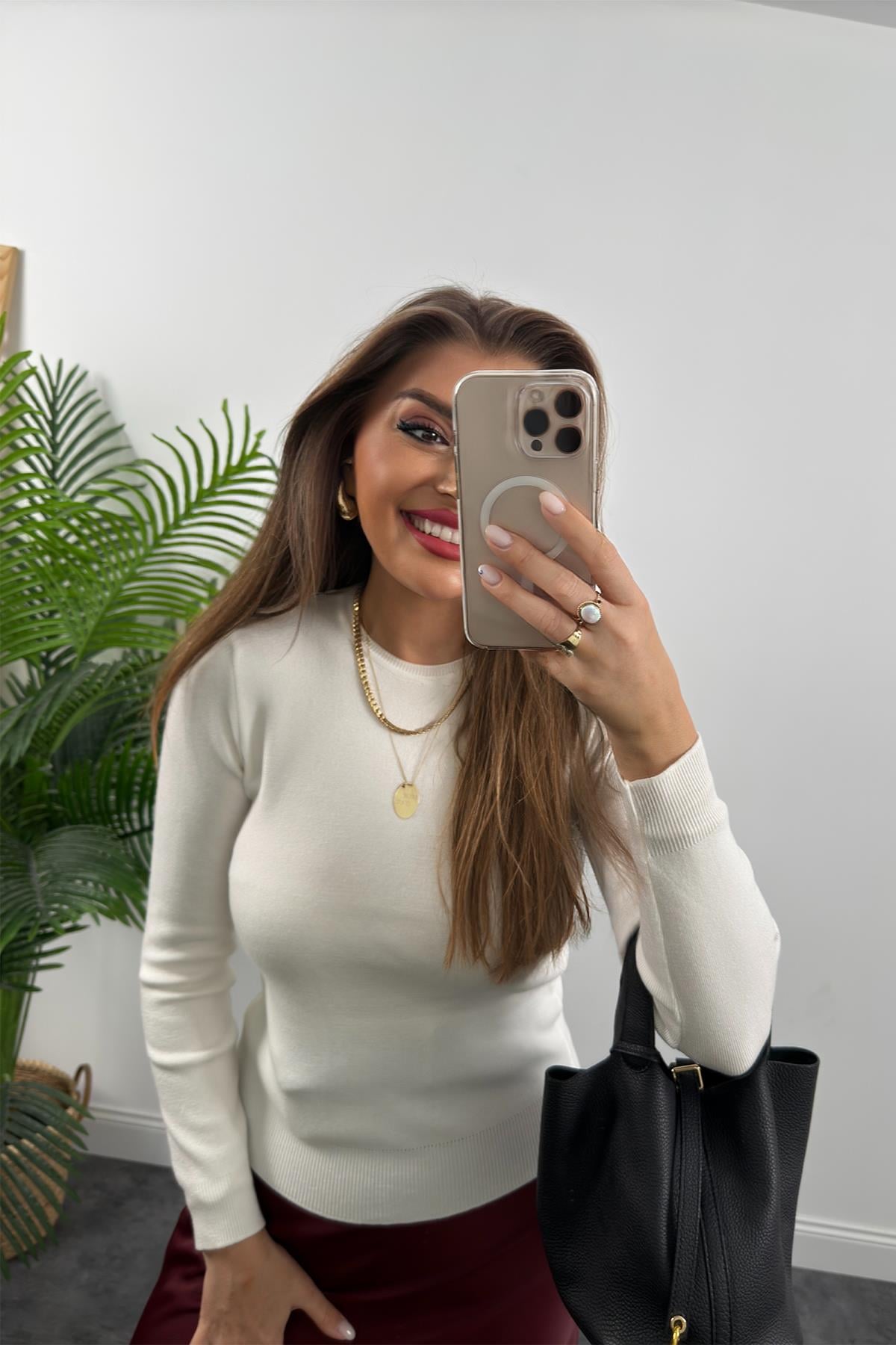 1. Sınıf Kalite Massi Model Kaşmir Dokulu Uzun Kol Basic Triko Ekru