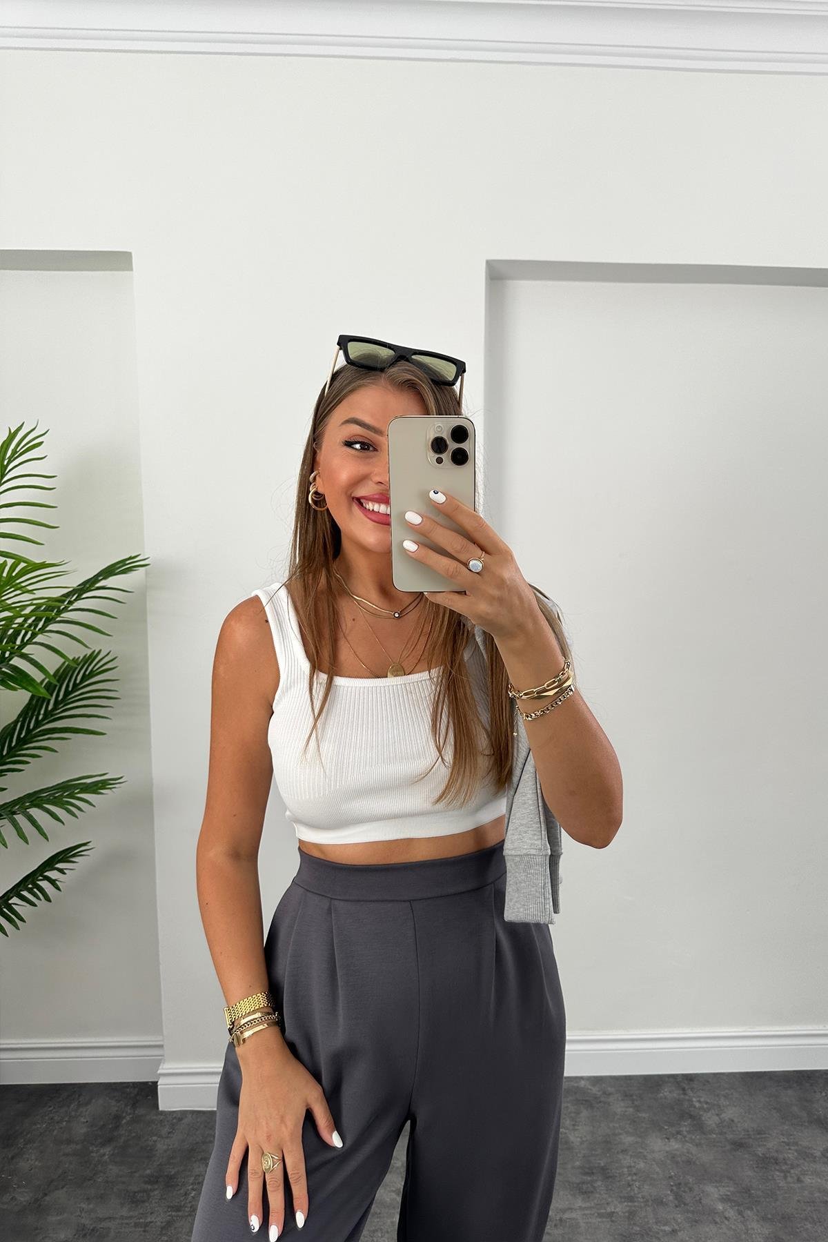 1. Sınıf Kalite Oysho Kumaş Beli Lastikli Harem Pantolon Antrasit