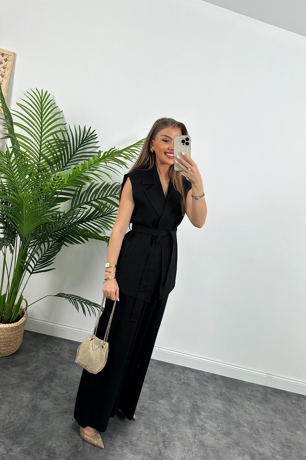 1. Sınıf Kalite Keten Kumaş Yelek Palazzo Pantolon Takım Siyah