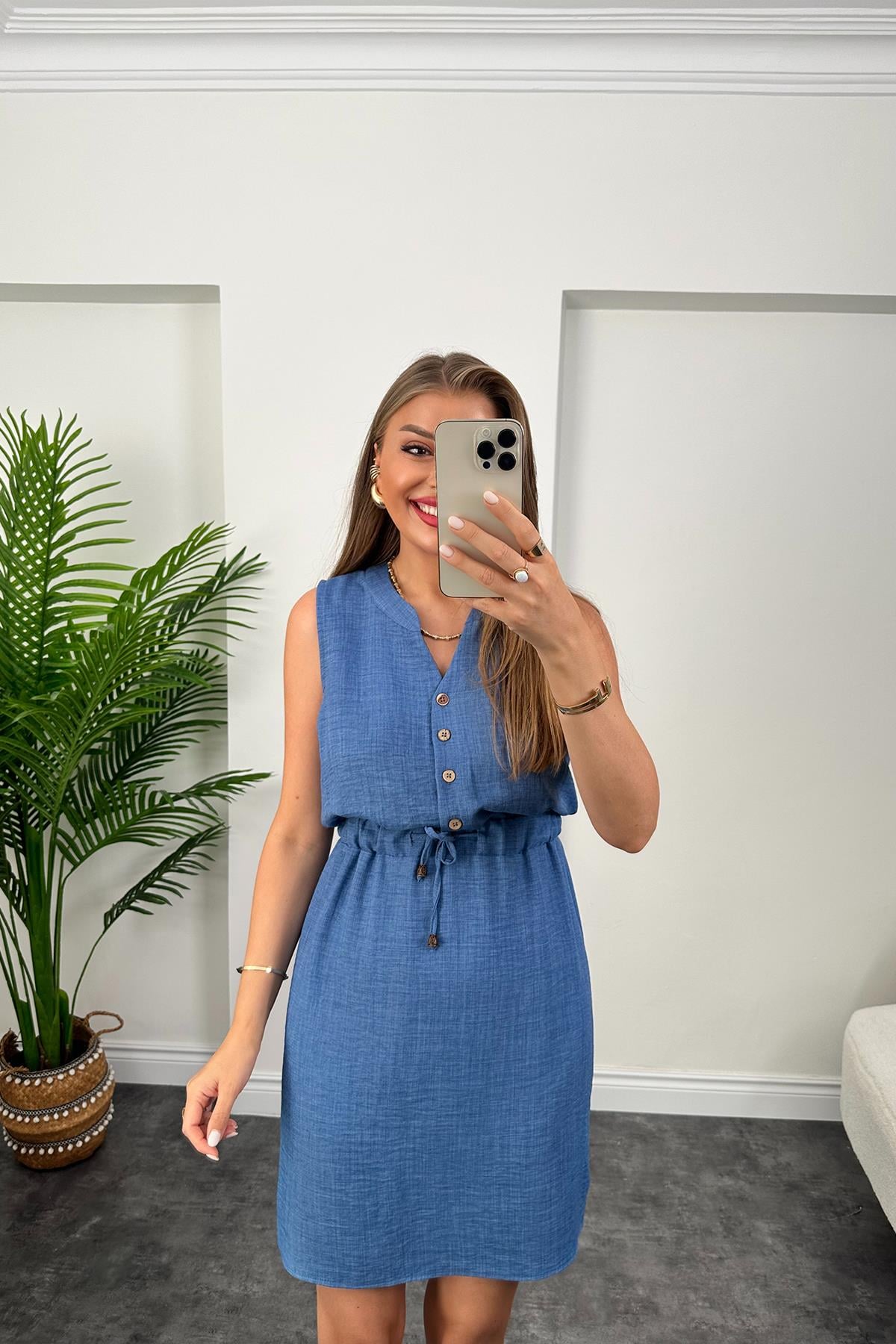 1. Sınıf Kalite Beli Lastikli Sıfır Kol Keten Elbise Yeni İndigo