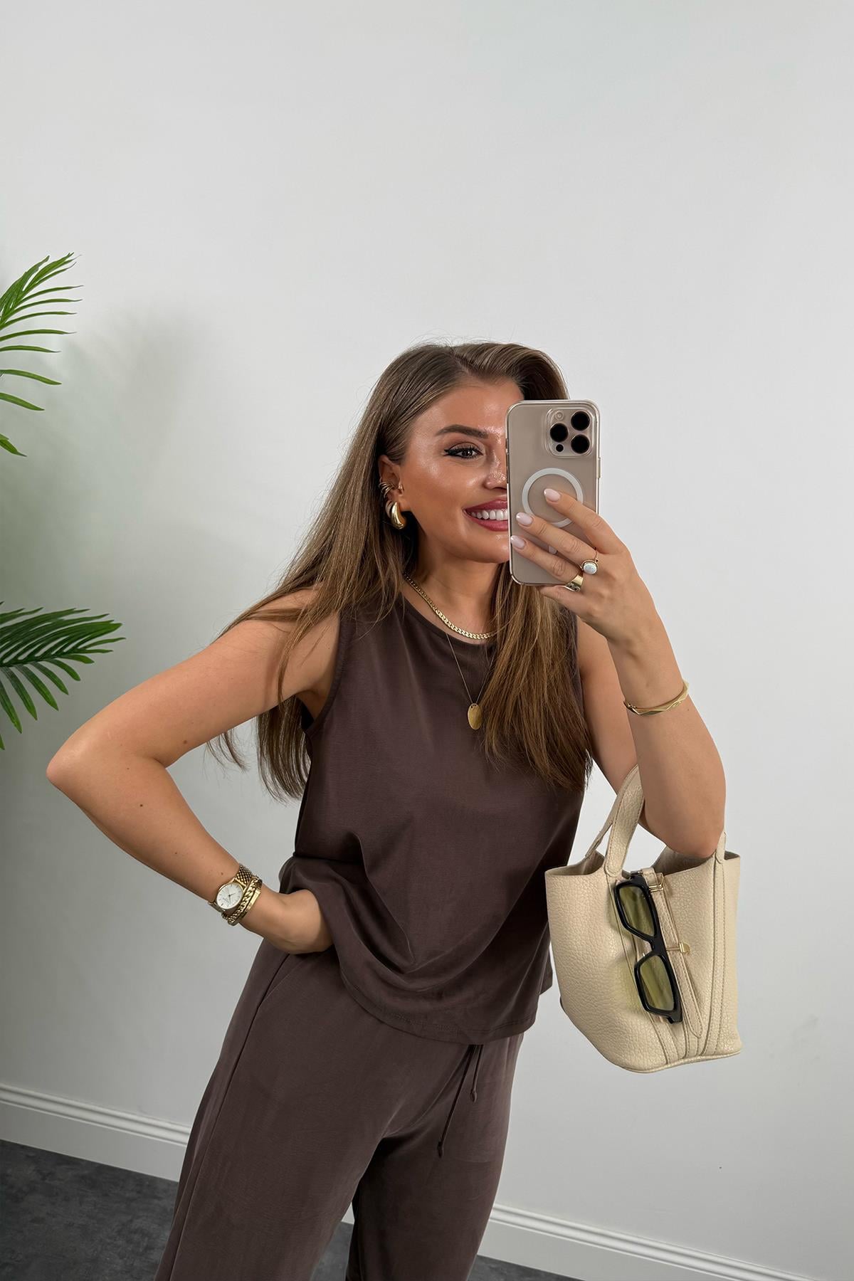 1. Sınıf Kalite Pike Modal Kumaş Pantolon Bluz Likralı Takım Kahverengi