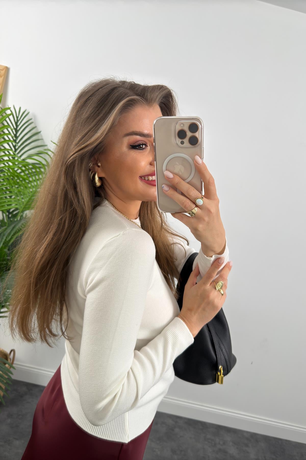 1. Sınıf Kalite Massi Model Kaşmir Dokulu Uzun Kol Basic Triko Ekru