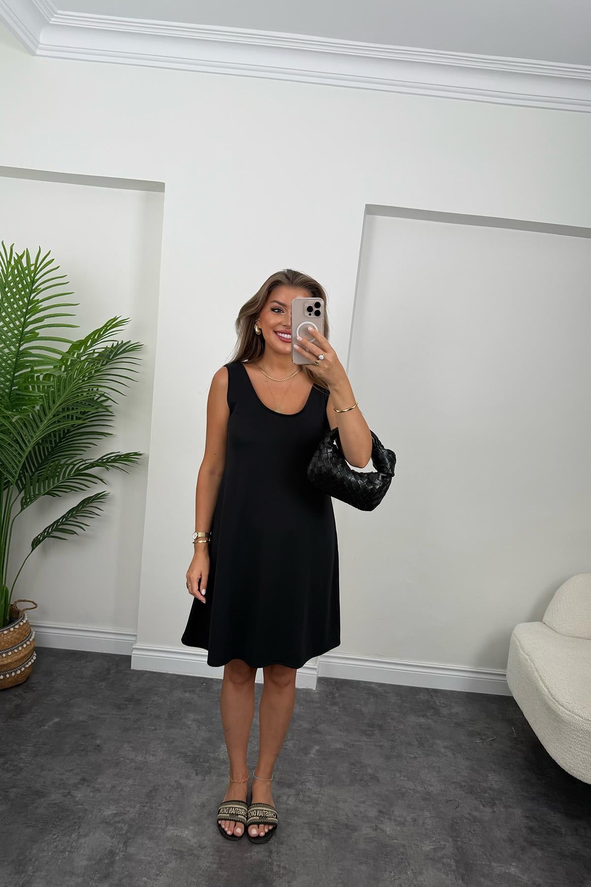 1. Sınıf Kalite Pike Modal Kumaş Sıfır Kol Basic Elbise Siyah