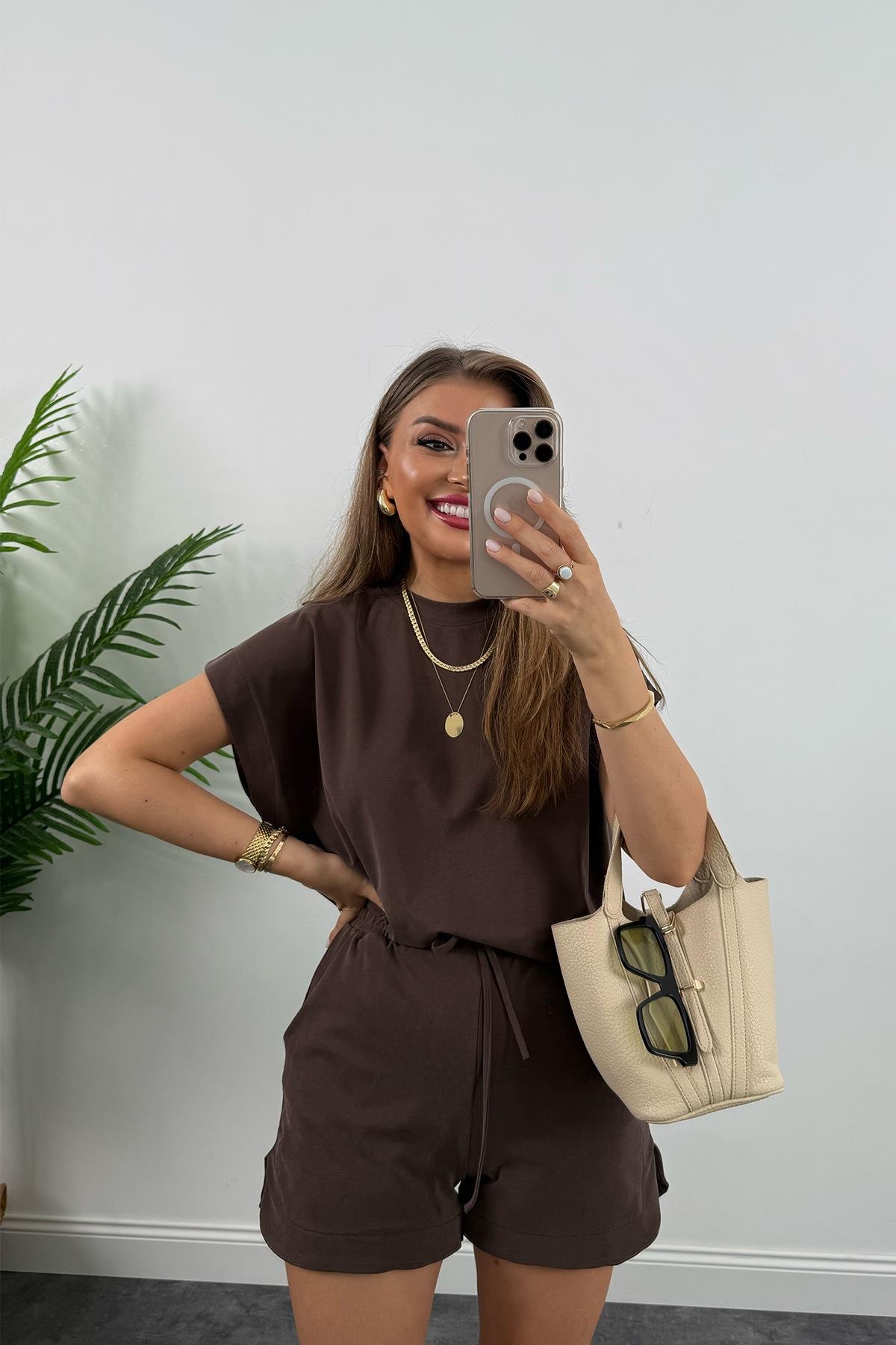 1. Sınıf Kalite İthal Pike Modal Kumaş Kısa Kollu Şort Takım Kahve