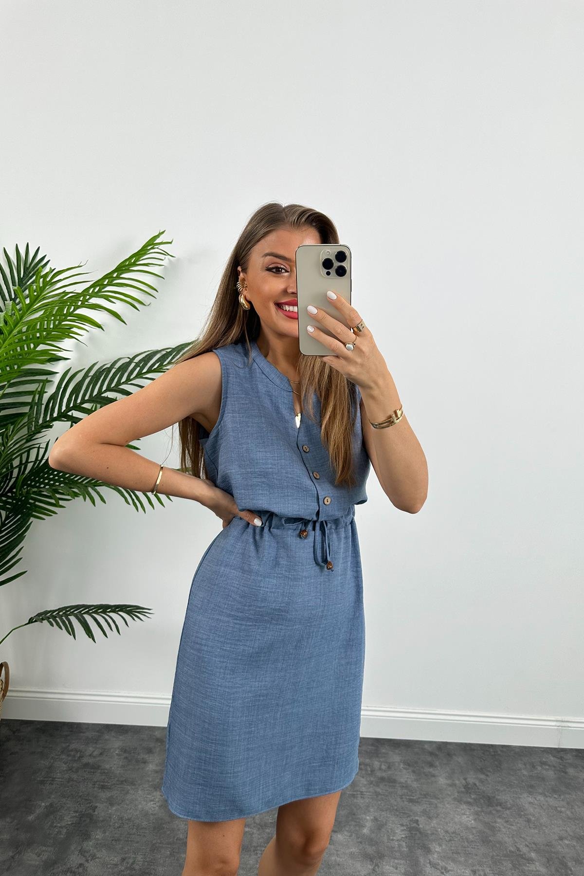 1. Sınıf Kalite Beli Lastikli Sıfır Kol Keten Elbise İndigo