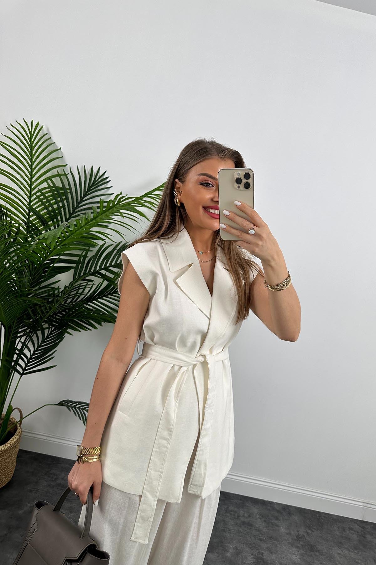 1. Sınıf Kalite Keten Kumaş Yelek Palazzo Pantolon Takım Ekru