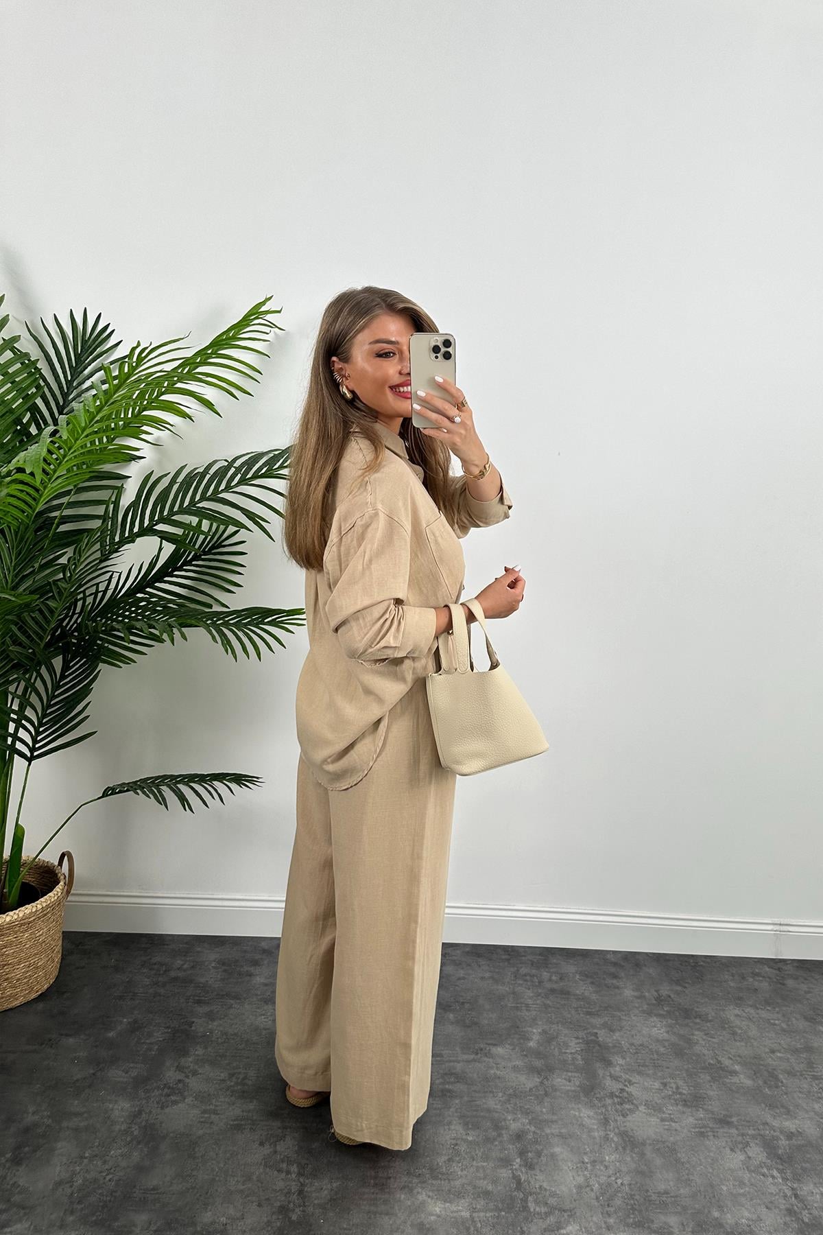 1. Sınıf Kalite Oysh Model %100 Keten Palazzo Gömlek Takım Bej