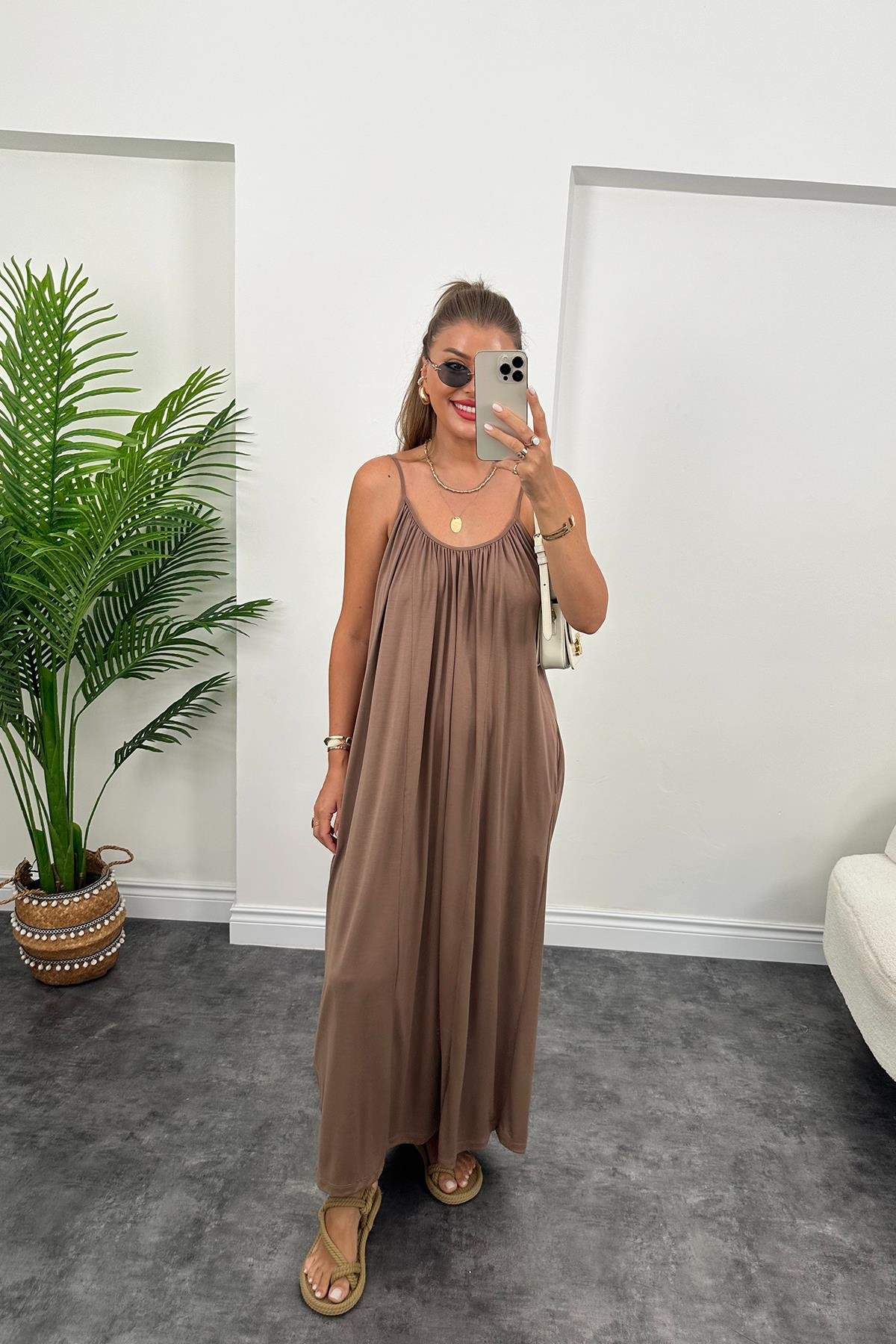 1. Sınıf Kalite İthal Oysho Kumaş Cepli Maxi Elbise Kahverengi