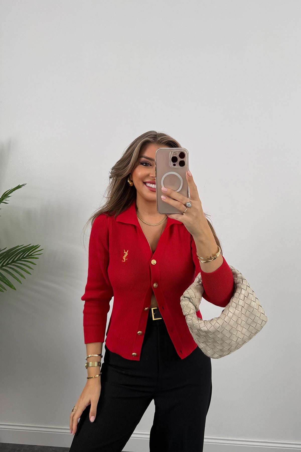 1. Sınıf Kalite Marka Model Gold Nakışlı Hırka Kırmızı