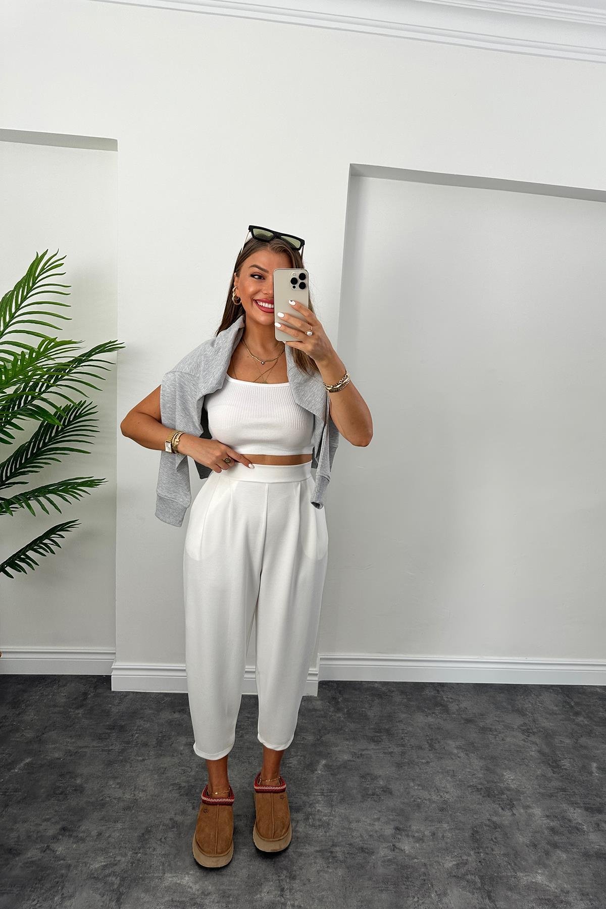 1. Sınıf Kalite Oysho Kumaş Beli Lastikli Harem Pantolon Ekru