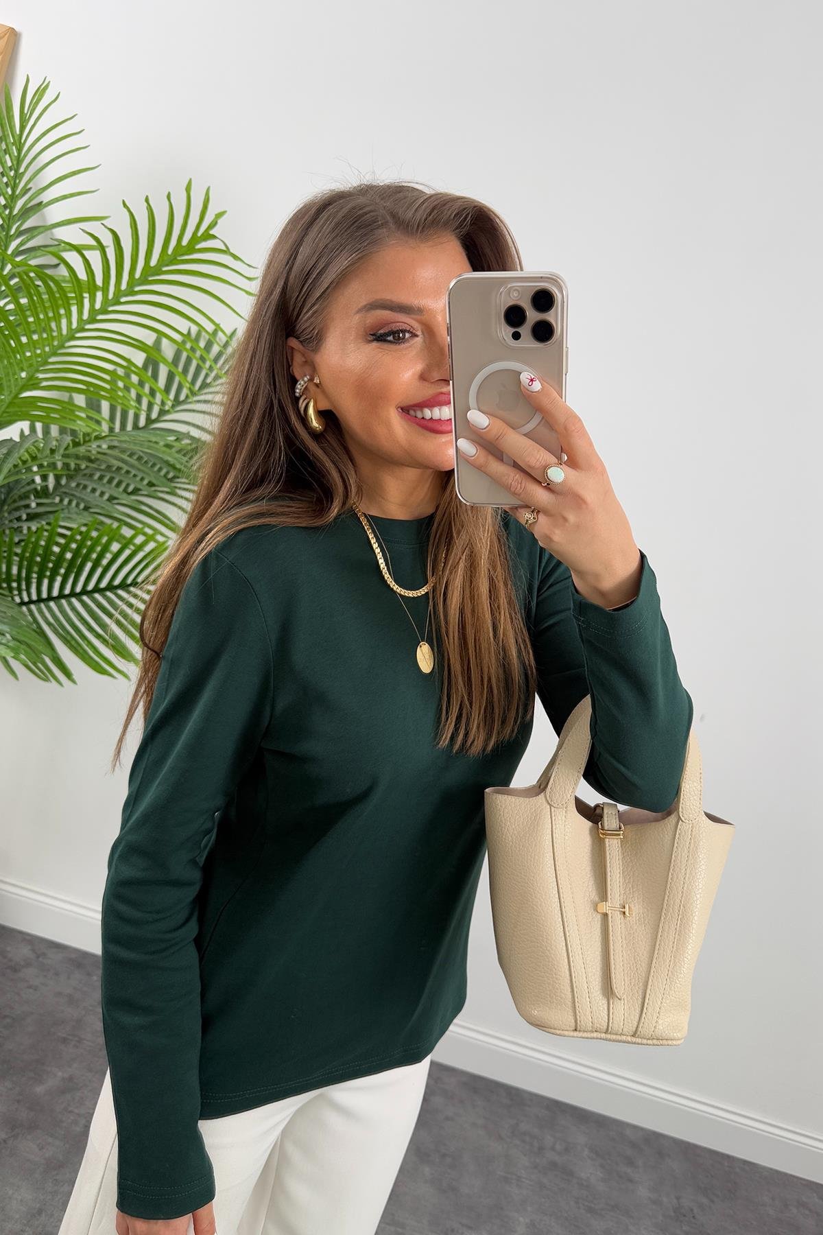 1. Sınıf Kalite  Massi Model Tam Pamuklu Uzun Kol Basic Yeşil