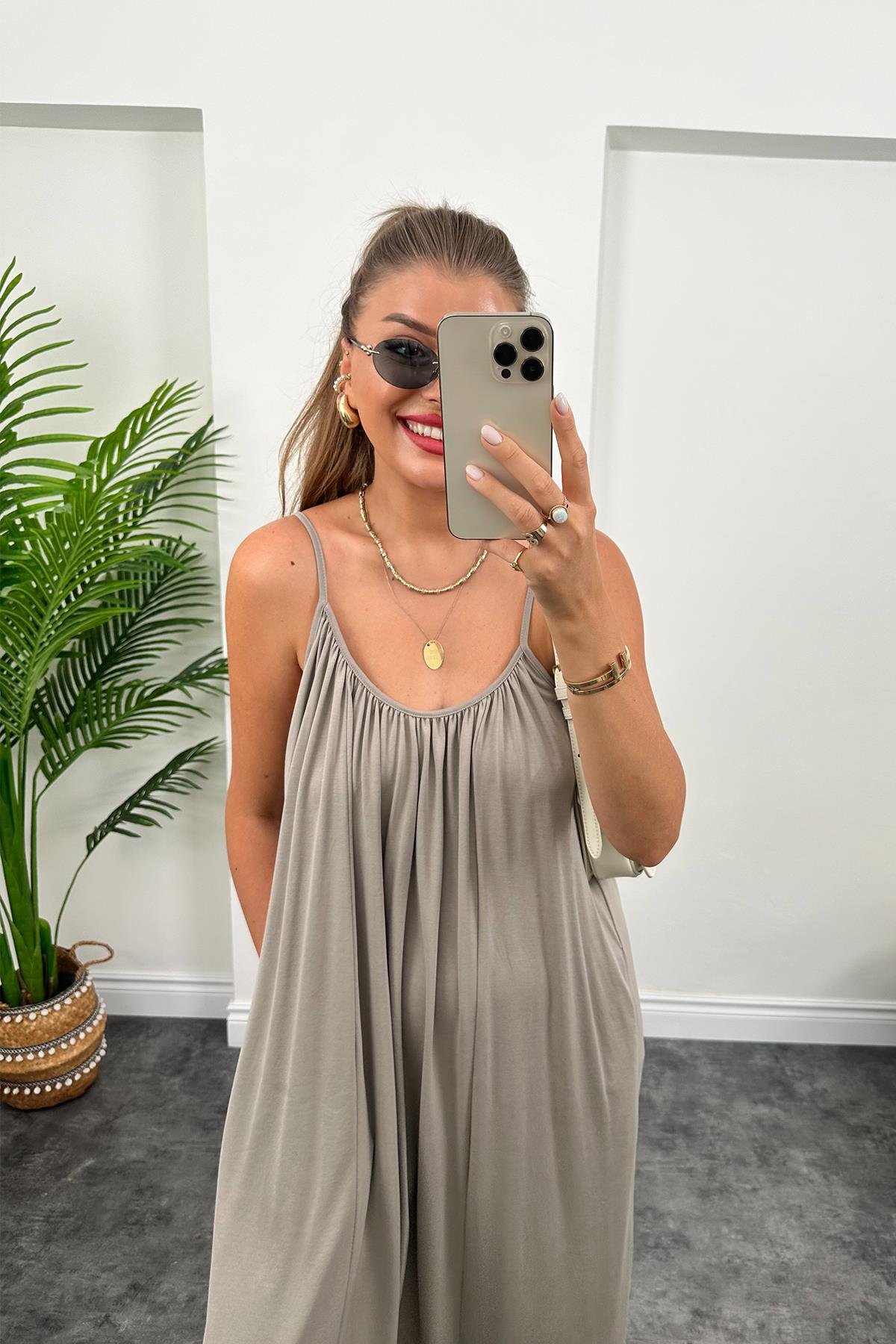 1. Sınıf Kalite İthal Oysho Kumaş Cepli Maxi Elbise Açık Vizon