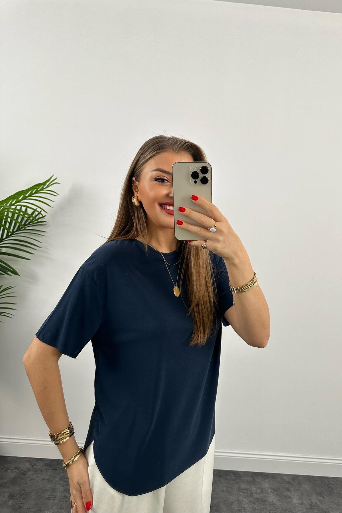 1. Sınıf Kalite Modal Kumaş Oysh Basic Tshirt Yıkamalı Lacivert