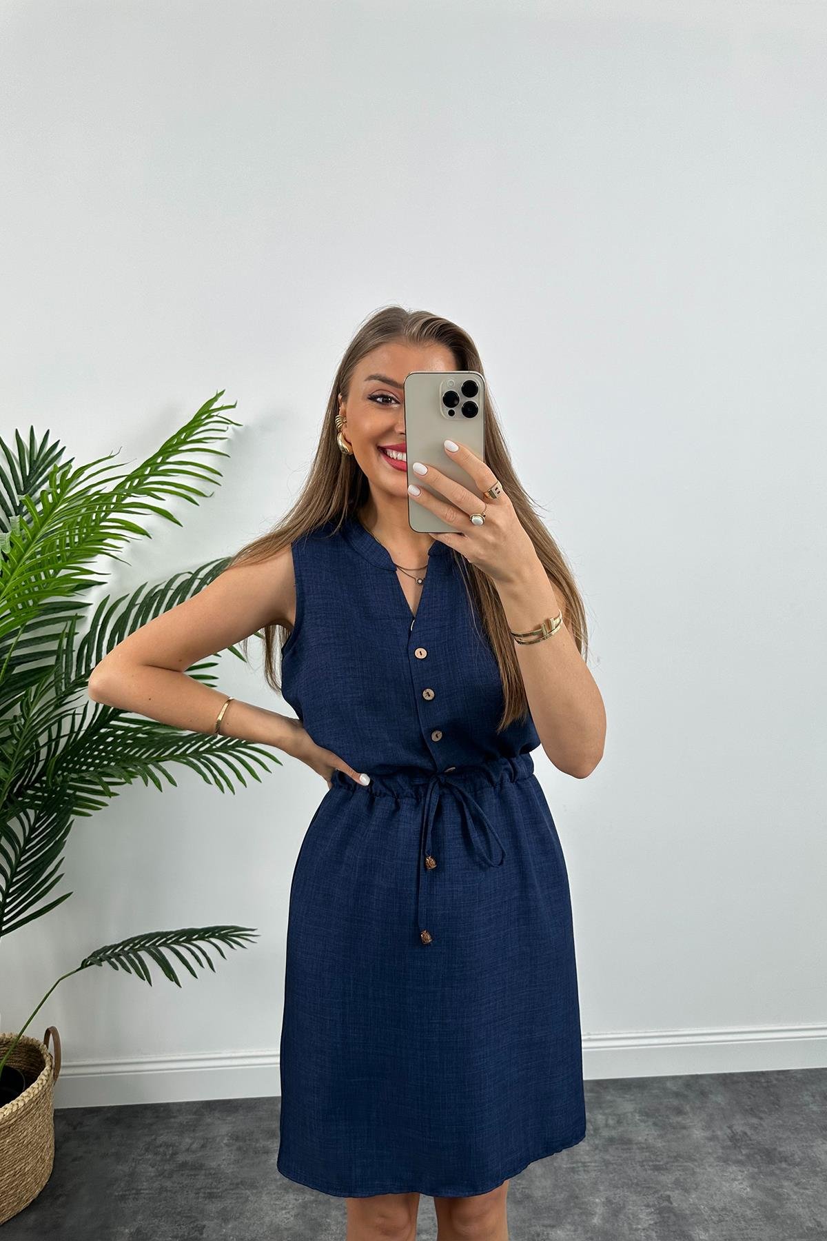 1. Sınıf Kalite Beli Lastikli Sıfır Kol Keten Elbise Lacivert