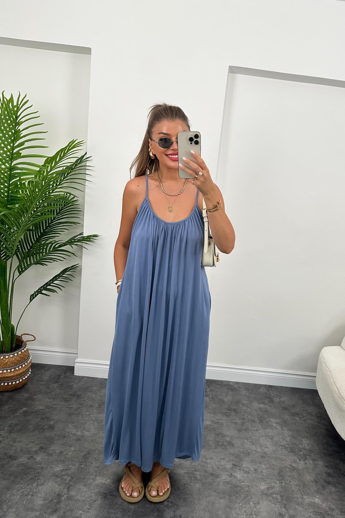 1. Sınıf Kalite İthal Oysho Kumaş Cepli Maxi Elbise İndigo Mavi