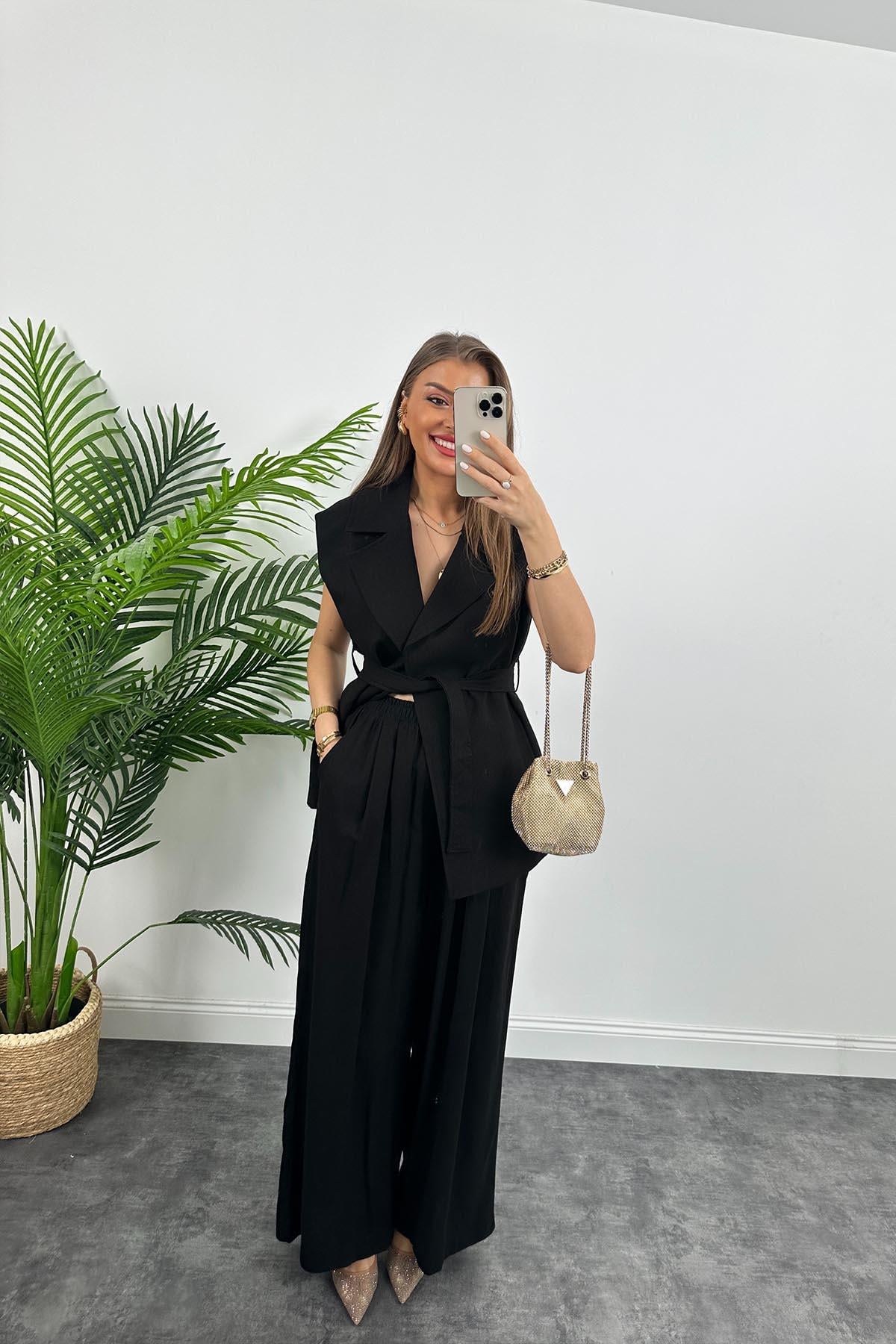 1. Sınıf Kalite Keten Kumaş Yelek Palazzo Pantolon Takım Siyah