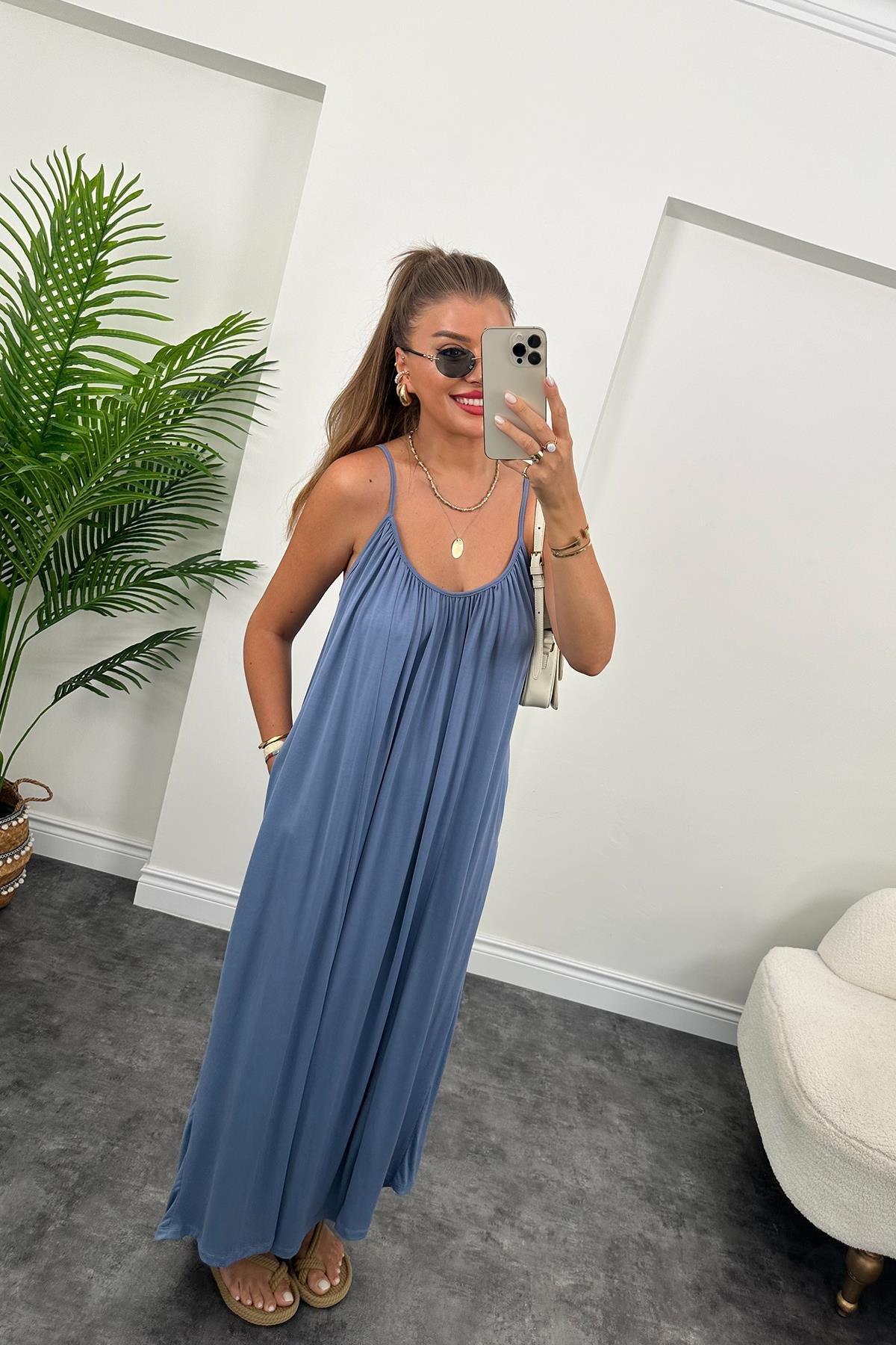 1. Sınıf Kalite İthal Oysho Kumaş Cepli Maxi Elbise İndigo Mavi