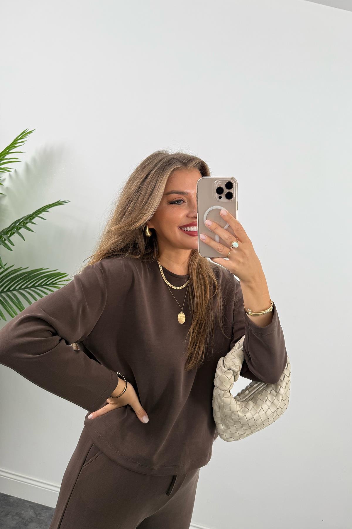 1. Sınıf Kalite İthal Oysh Kumaş Uzun Kol Basic Takım Acı Kahve