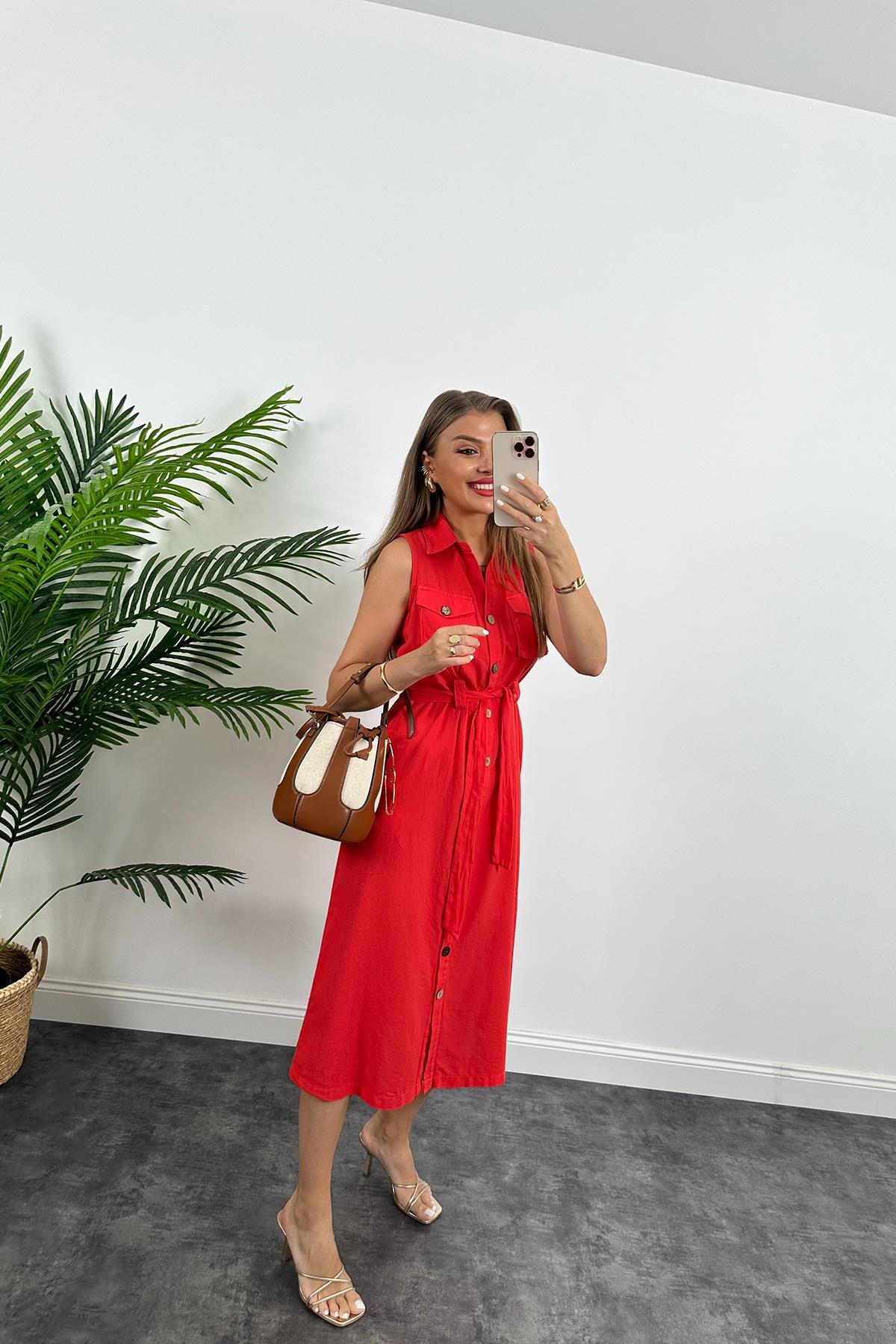 1. Sınıf Kalite Tok Keten Ahşap Düğmeli Midi Boy Elbise Mercan