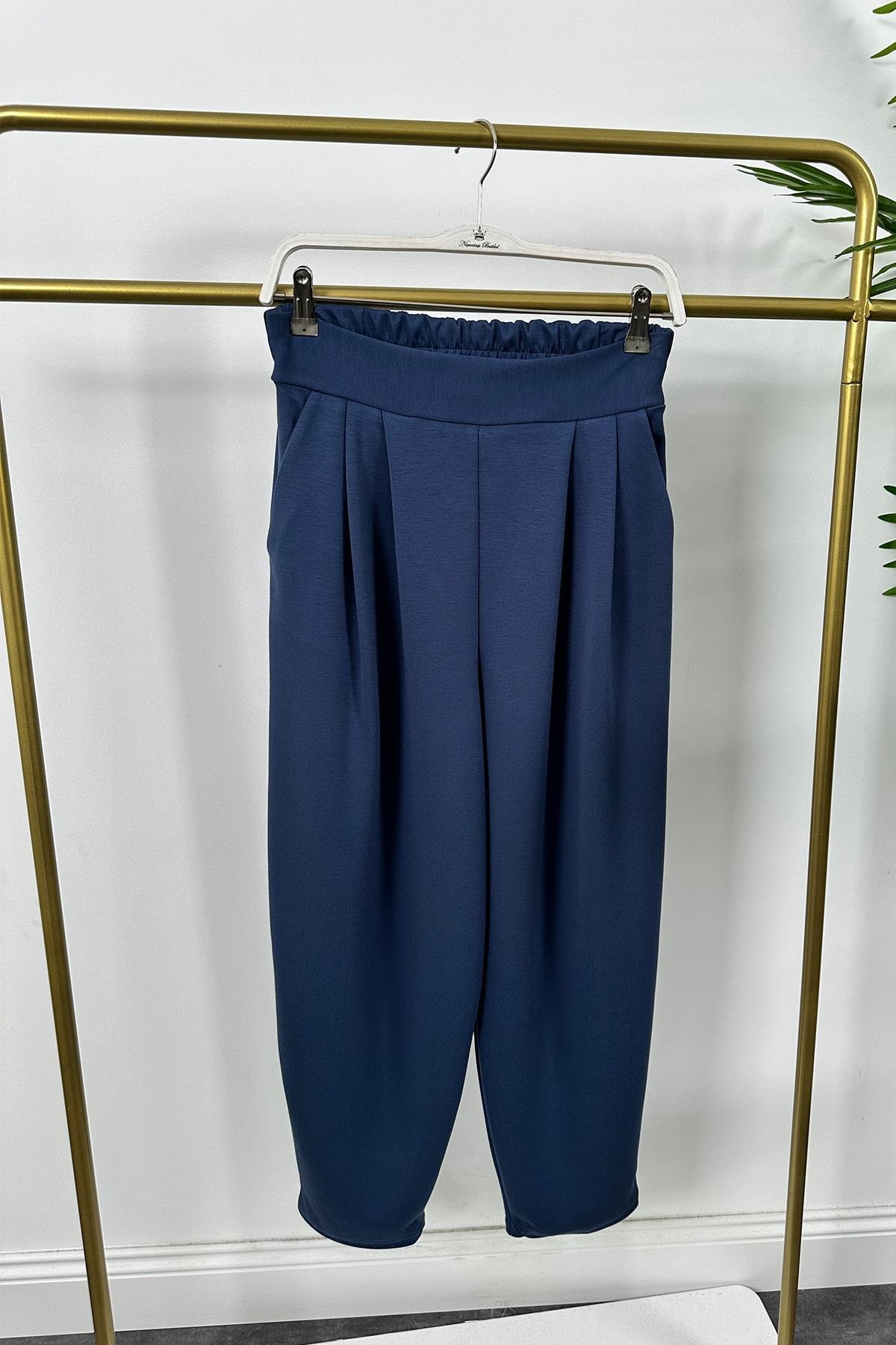 1. Sınıf Kalite Oysh Kumaş Beli Lastikli Harem Pantolon İndigo Mavi