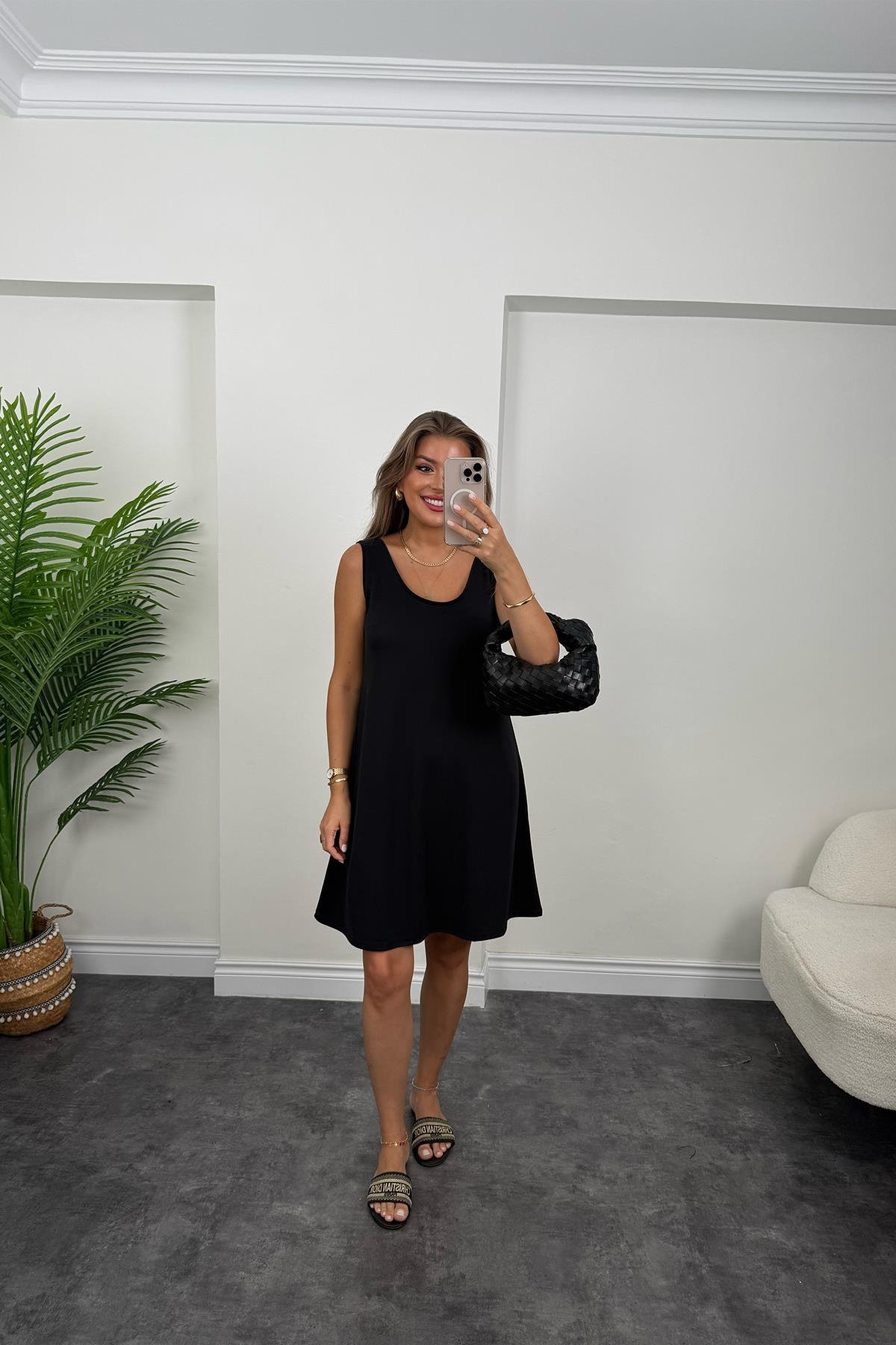 1. Sınıf Kalite Pike Modal Kumaş Sıfır Kol Basic Elbise Siyah