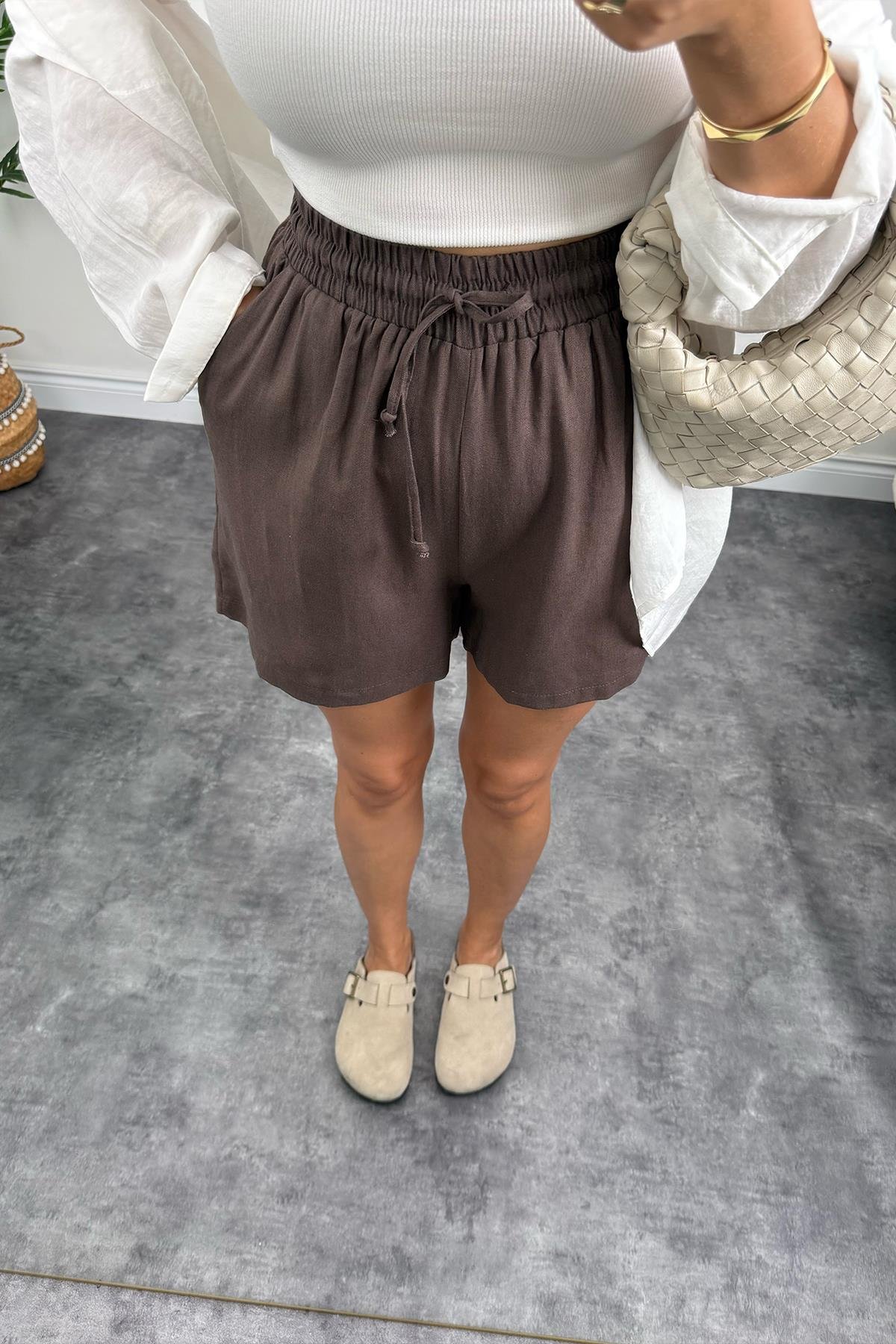 %100 Ham Keten Lüx Kalite Basic Şort Kahverengi