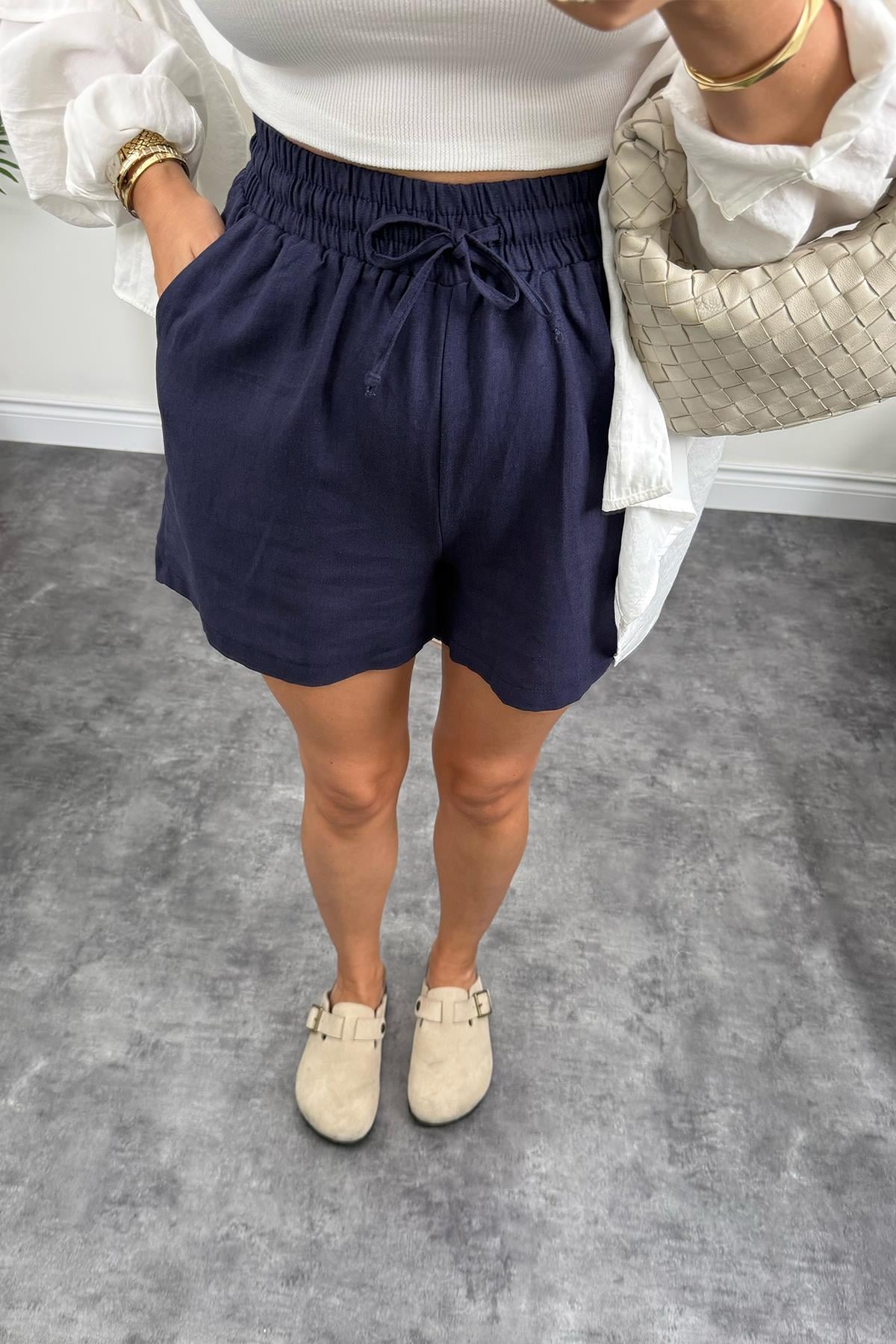 %100 Ham Keten Lüx Kalite Basic Şort Lacivert