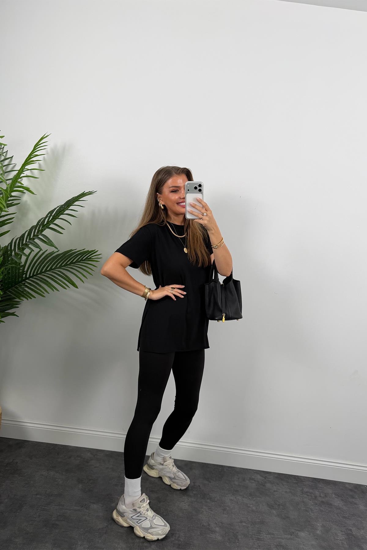 %100 Modal Kumaş Lüx Kalite Yırtmaçlı Salaş Basic Tshirt Siyah